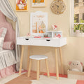 HONEY JOY Kids Vanity, Wooden Girls Vanity Set with Mirror and Stool, 2 Storage Drawer & Square Mirror, Princess Toddler Makeup 