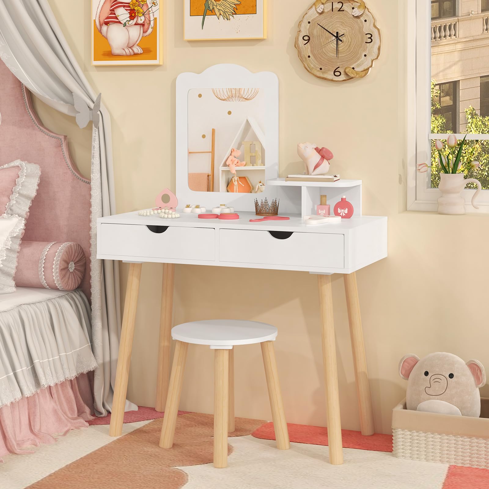 HONEY JOY Kids Vanity, Wooden Girls Vanity Set with Mirror and Stool, 2 Storage Drawer & Square Mirror, Princess Toddler Makeup 