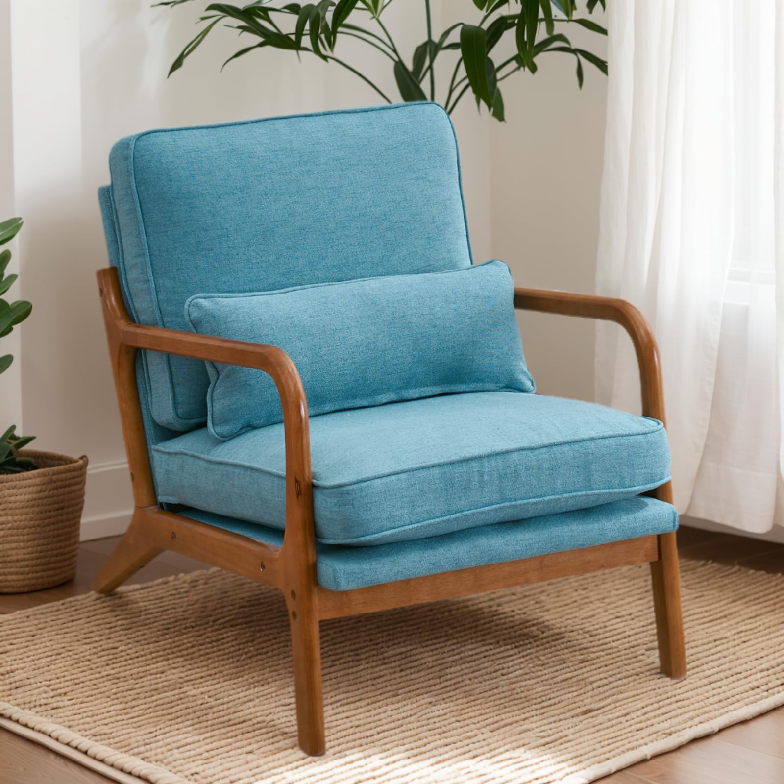Karl home Accent Chair Mid-Century Modern Chair with Pillow Linen Fabric Upholstered Lounge Arm Chair with Solid Wood Frame & So