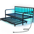 Rolanstar Daybed with Charging Station and LED Lights, Height Adjustable Twin Daybed with Trundle, Metal Sofa Bed Frame with Ste