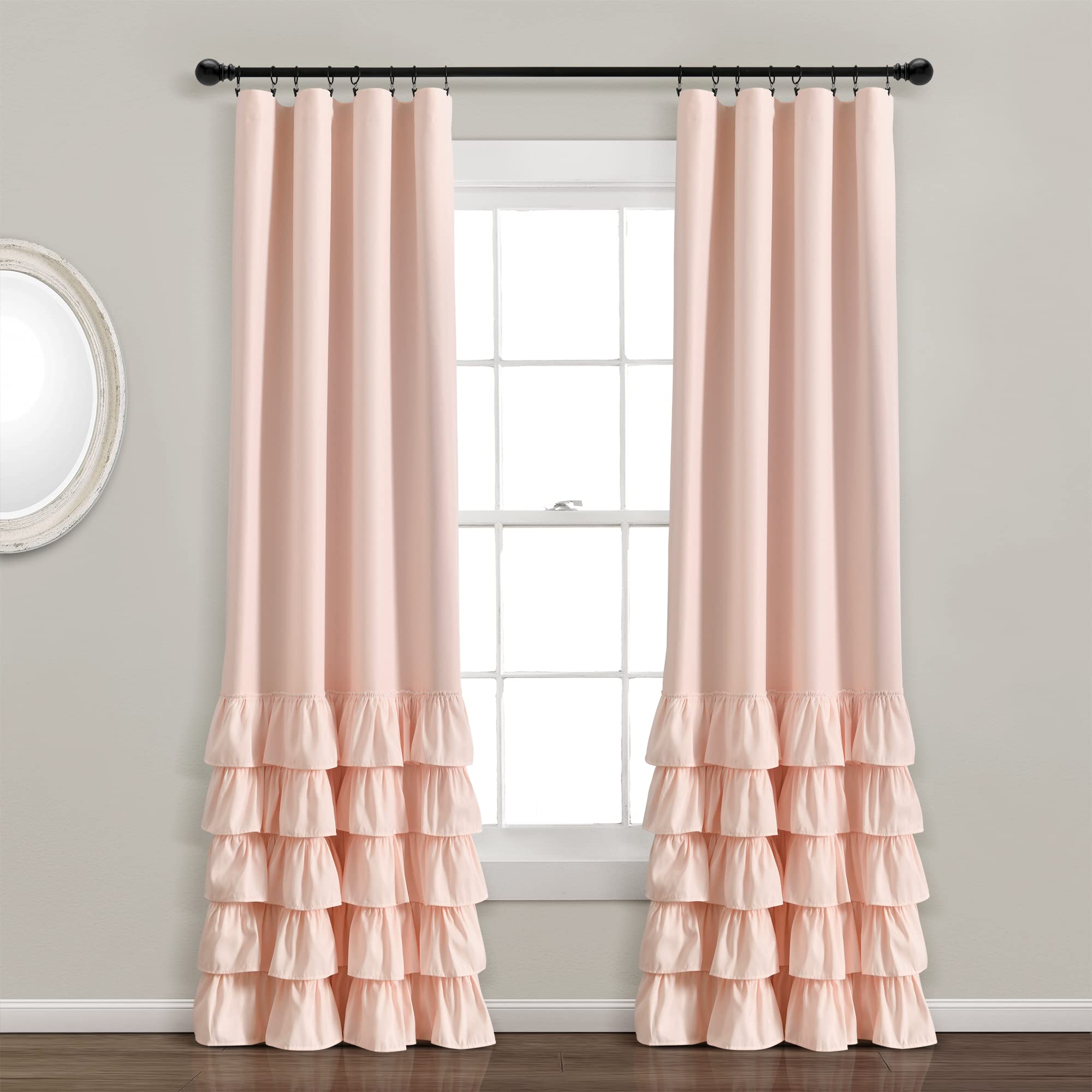 Lush Decor Allison Ruffle 100% Blackout Window Curtain Single 40 W x 84 L Blush - Pink Blackout Curtains for Bedroom or Nursery 