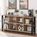 FATORRI 8 Cube Storage Organizer Bookshelf, Rustic Wood Cubby Bookcase, Industrial Horizontal Long Shelf for Living Room (Rustic