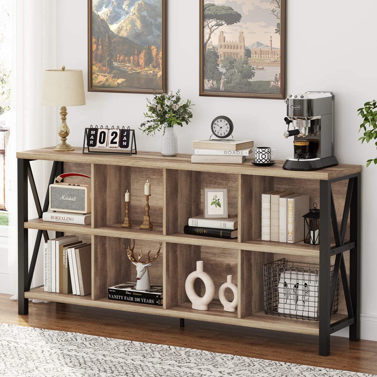 FATORRI 8 Cube Storage Organizer Bookshelf, Rustic Wood Cubby Bookcase, Industrial Horizontal Long Shelf for Living Room (Rustic
