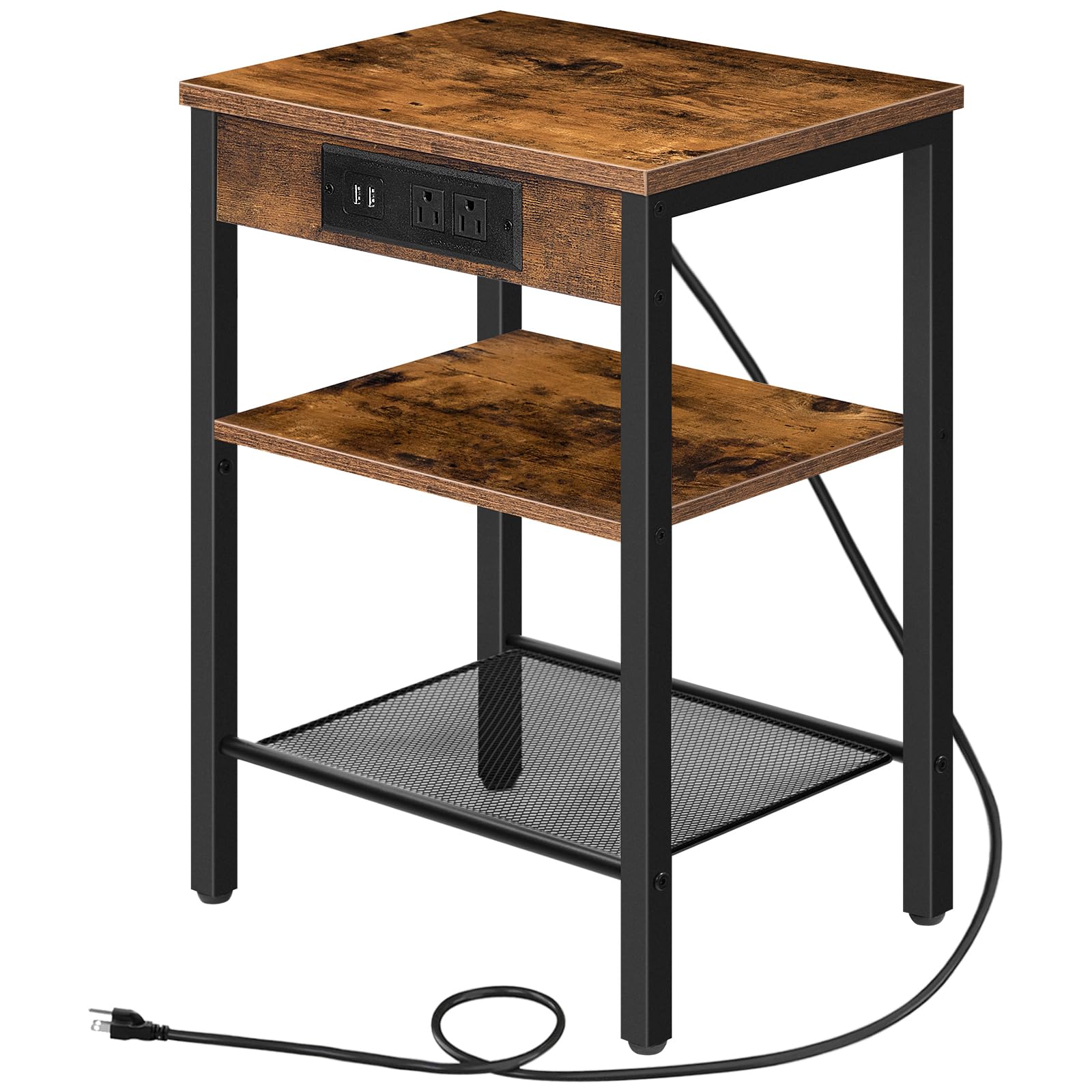 HOOBRO End Table with Charging Station and USB Ports, 3-Tier Nightstand with Adjustable Shelf, Small Side Table for Small Space 