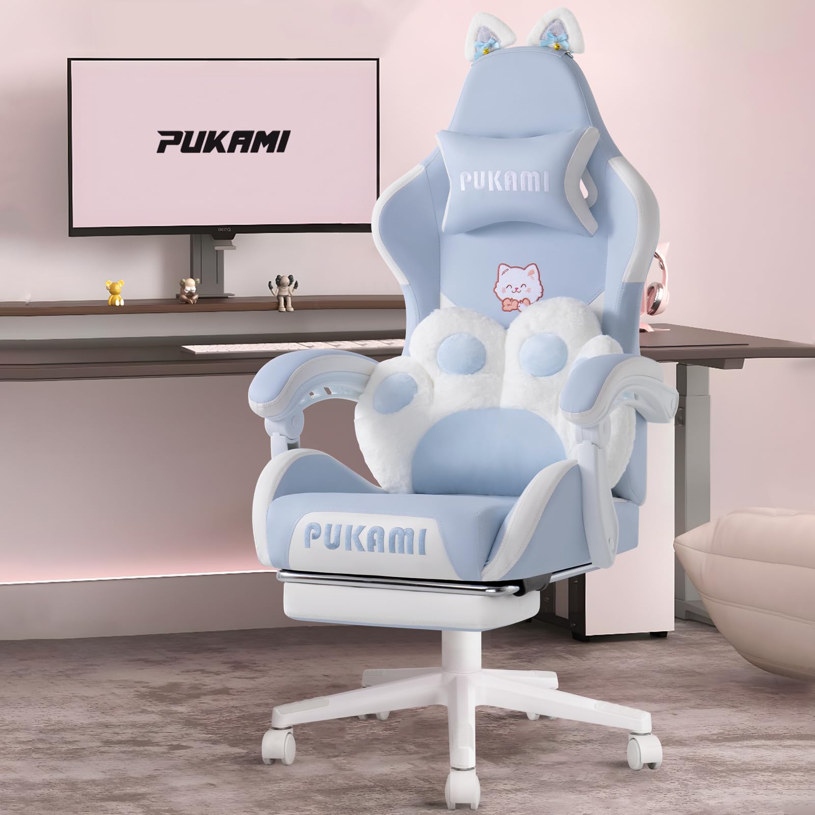 PUKAMI Gaming Chair with Cat Ears,Cute Computer Chair for Girl with Footrest,Ergonomic Gamer Chair, Kawaii Gaming Chair,Reclinin