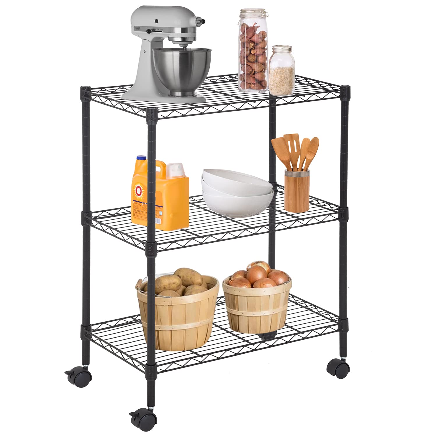 FDW Wire Shelving Metal Storage Shelves 23L x 13W x 32H 3 Tier Layer Storage Shelves with Wheels for Kitchen Garage Small Places