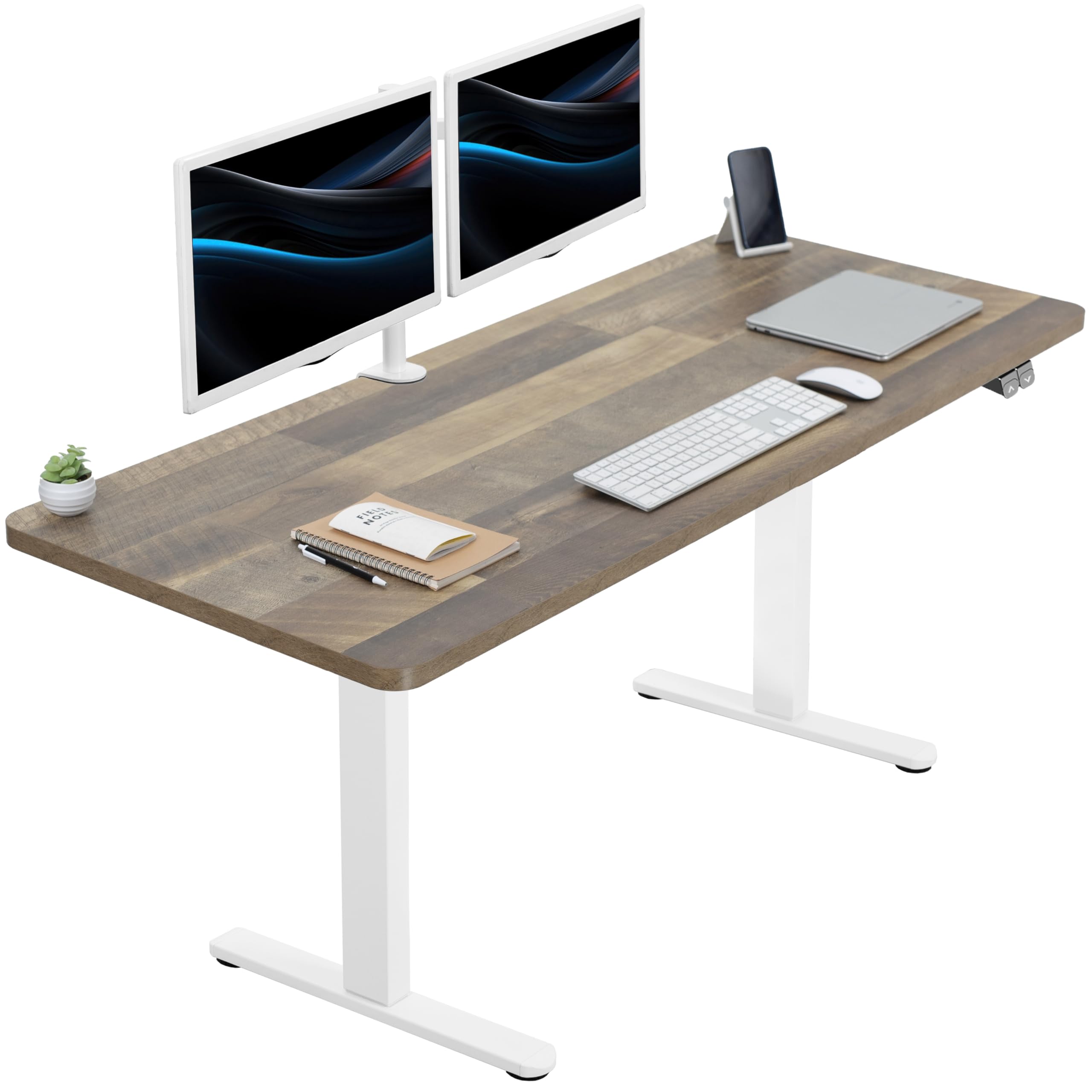 VIVO 60-inch Electric Height Adjustable 60 x 24 inch Stand Up Desk, Reclaimed Wood Solid One-Piece Table Top, White Frame, Home 