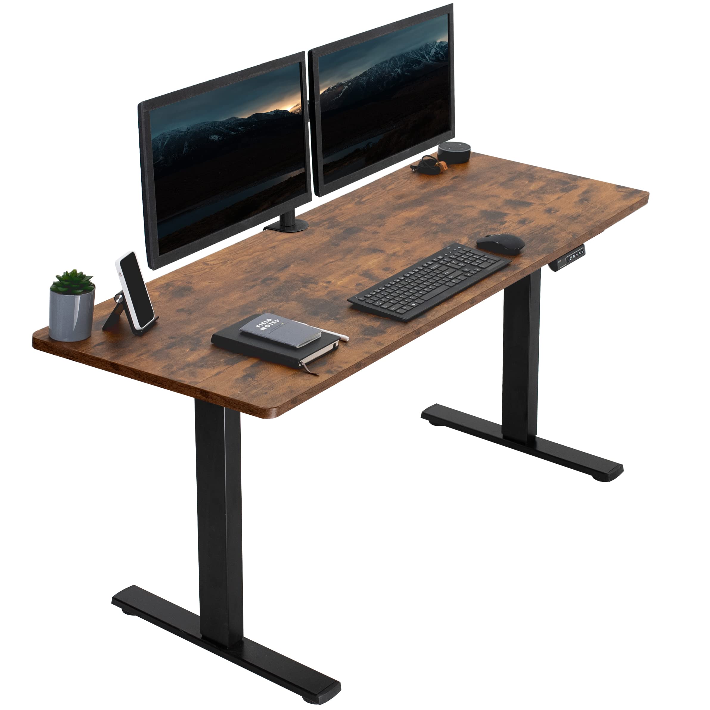 VIVO Electric 60 x 24 in Rustic Standing Desk, Memory Height Adjustment, 1B Series, One-Piece Vintage Brown Top, Black Frame, DE