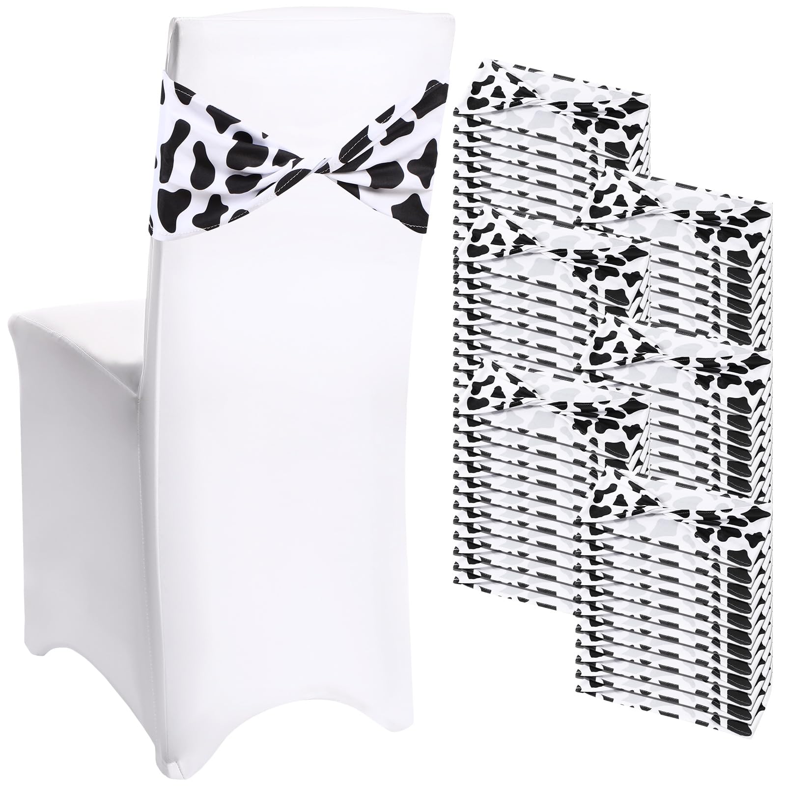 Newwiee 72 Pcs Cow Stripe Chair Sashes Spandex Cow Chair Bands Animal Print Elastic Chairs Sashes Bow Polyester Bands Ties Witho
