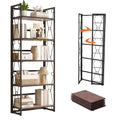 VECELO Bookshelf, 5 Shelf Folding Bookcase No Assembly, Industrial Metal Frame Shelves Rack Organizer for Living Room, Office,Li