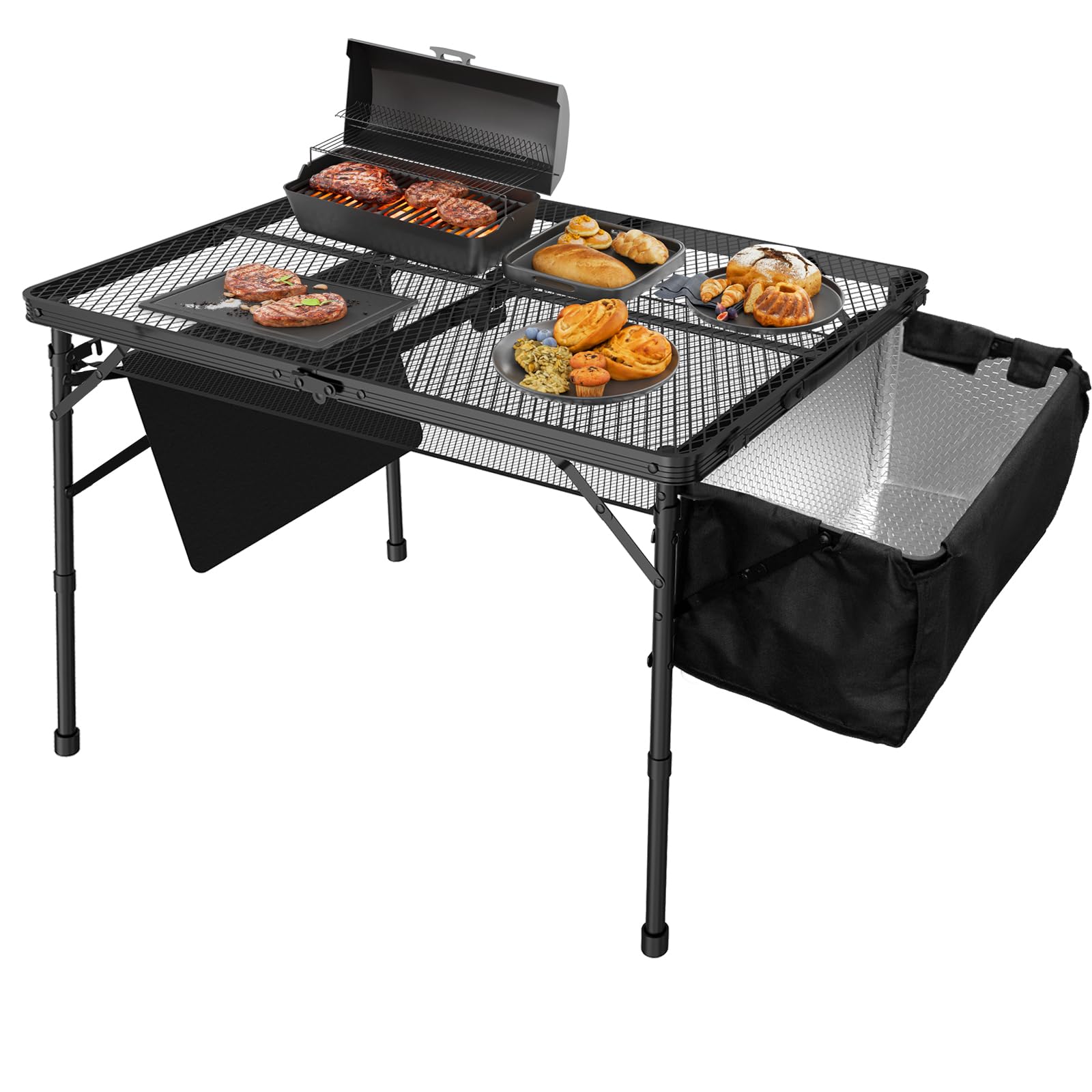 WildFinder Folding Table with Sink and Double Shelf, Camping Table Height Adjustable Folding Grill Table, Portable Outdoor Table