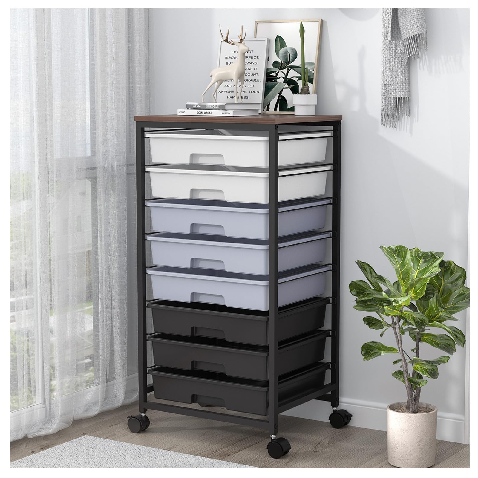 SYKIARIOL Rolling Cart with Drawers,Utility Cart with 8 Drawers and Wooden Tabletop for Living Room,Classroom,Bedroom,Bathroom,D