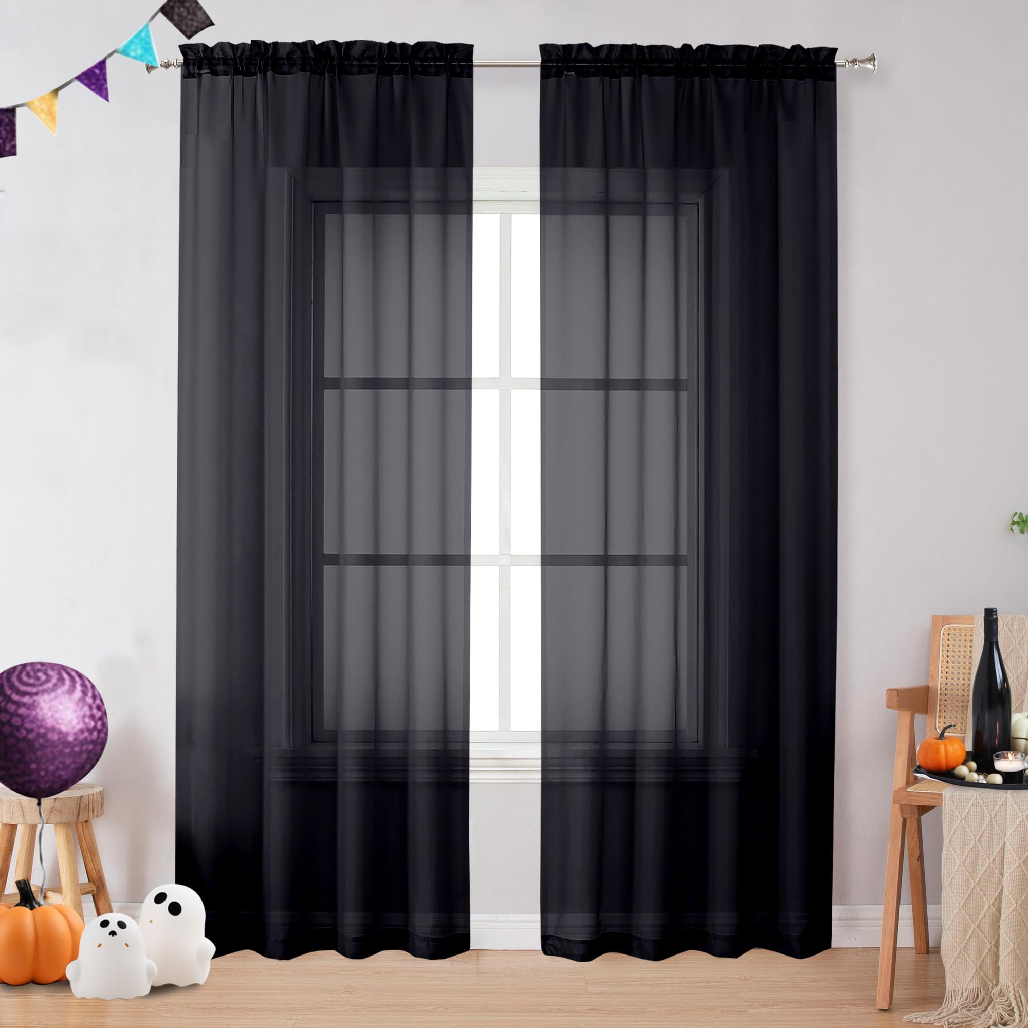 OVZME 2 Pieces Black Sheer Curtains 96 Inch Long for Living Room, Top Rod Pocket Voile Lightweight and Airy Drapes Window Treatm