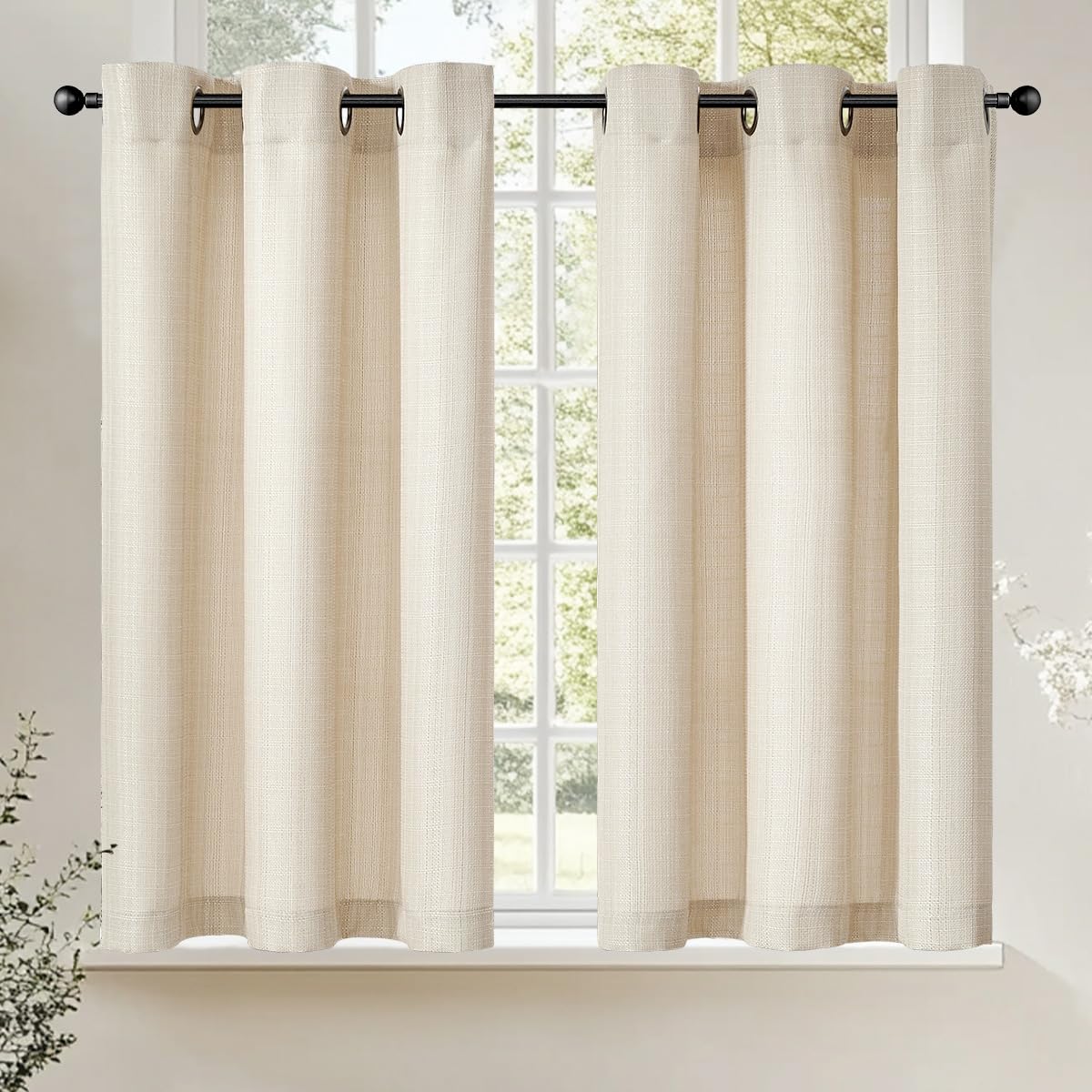 jinchan Half Kitchen Curtains 36 Inch Linen Textured Casual Weave Cafe Tier Curtains for Living Room Bathroom Farmhouse Country 