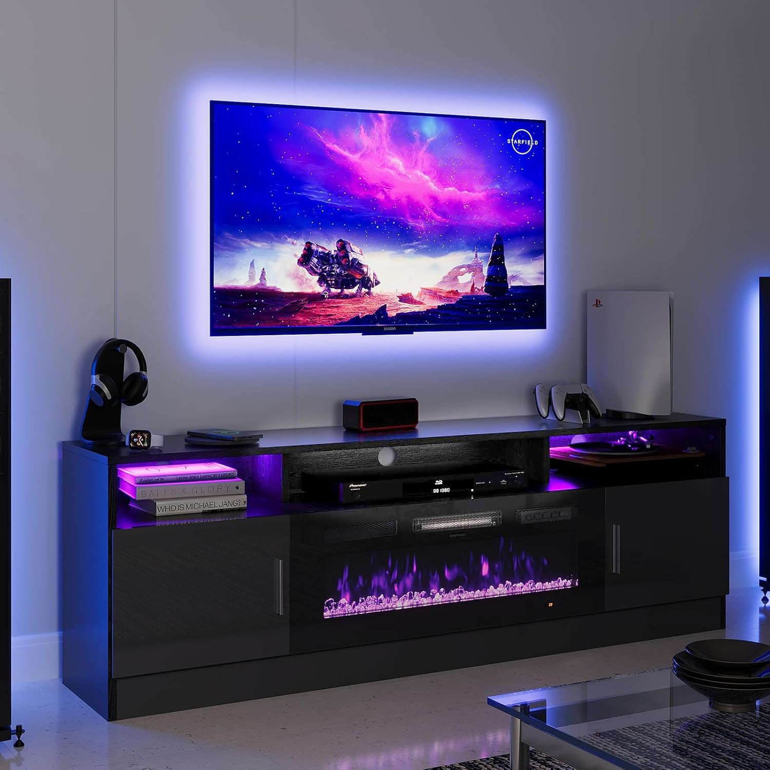 oneinmil 70 Fireplace TV Stand with Power Outlet for TVs Up to 80, Electric Fireplace Entertainment Center with LED Lights & Sto