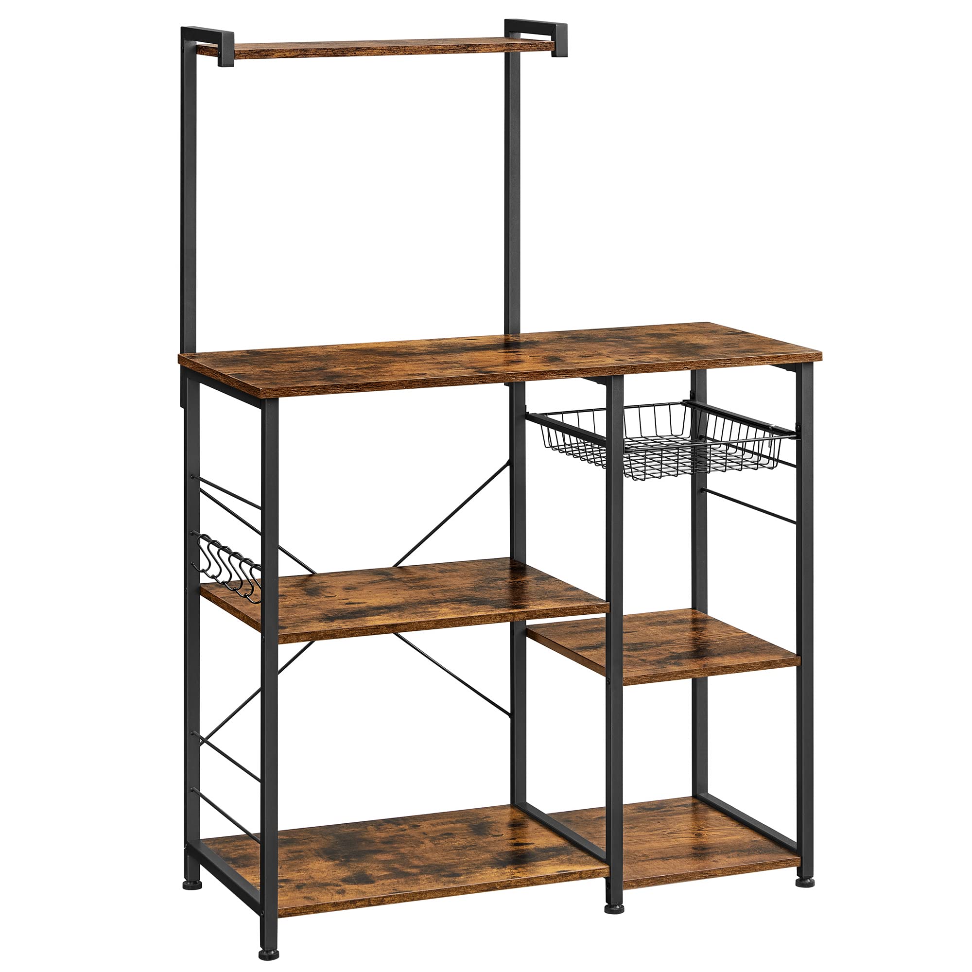 VASAGLE Bakers Rack, Microwave Stand with Wire Basket, 6 Hooks, and Shelves, for Spices, Pots, and Pans, Rustic Brown and Black