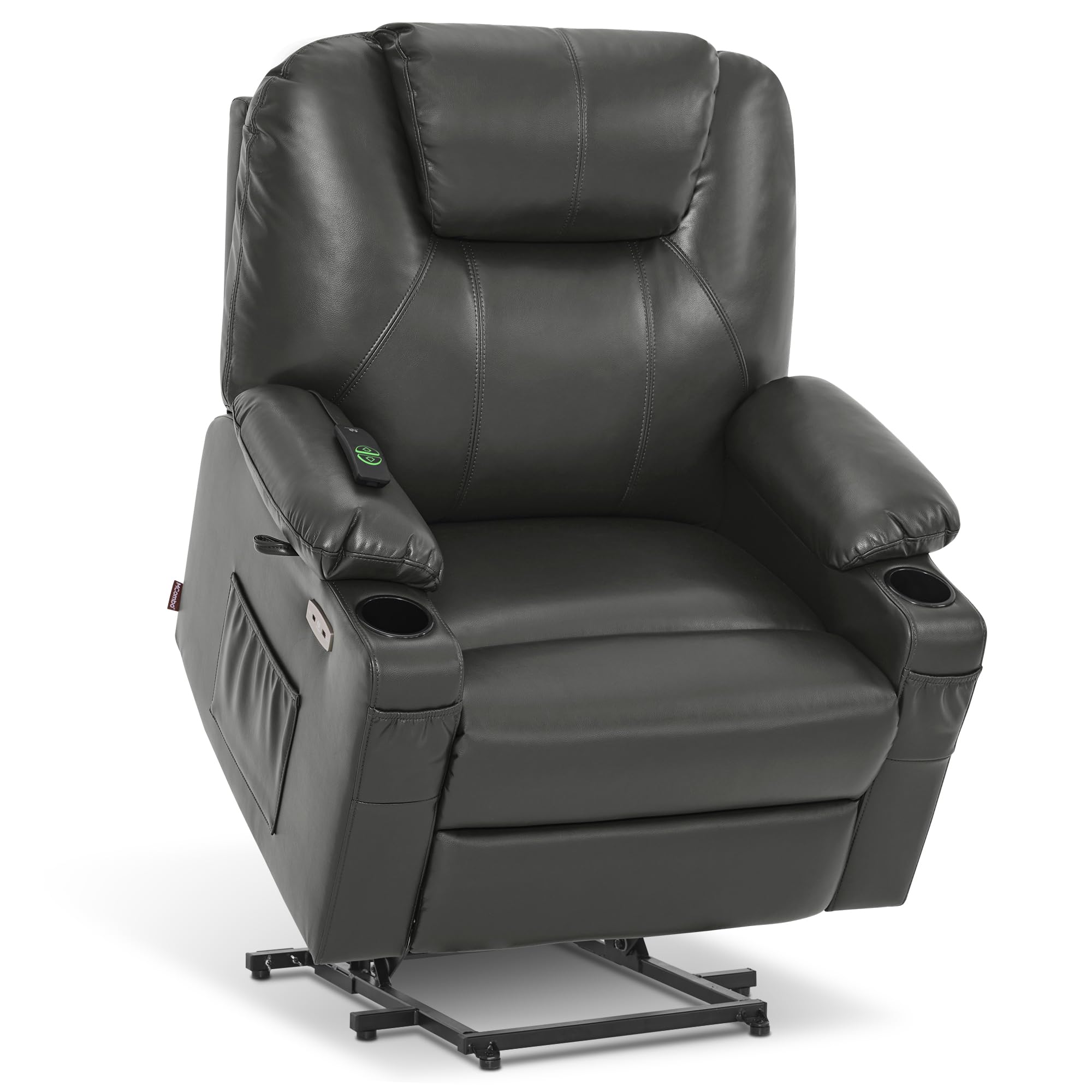 MCombo Medium-Wide Power Lift Recliner Chair Sofa with Massage and Heat for Elderly People, Cup Holders, USB&Type C Ports, Side 