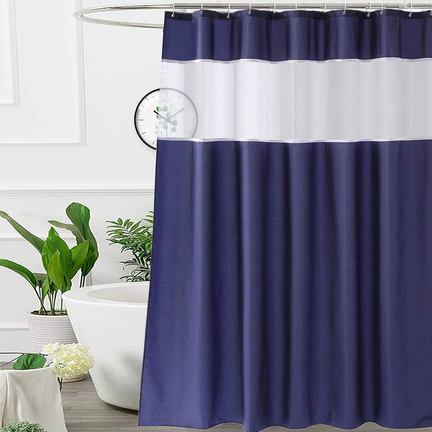 UFRIDAY Navy Blue and White Shower Curtain, Fabric Shower Curtain with Light Filtering Mesh Window,Extra Long 72 x 78 -inchs