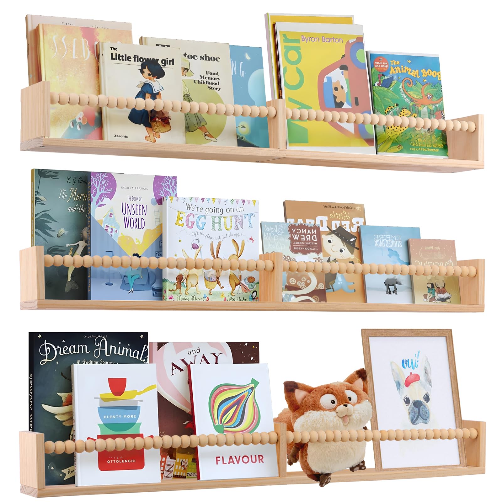 birola Nursery Book Shelves for Kids Rooms - 32 Inches Floating Wall Bookshelves Set of 3, Space-Saving Nursery Shelves with Bea
