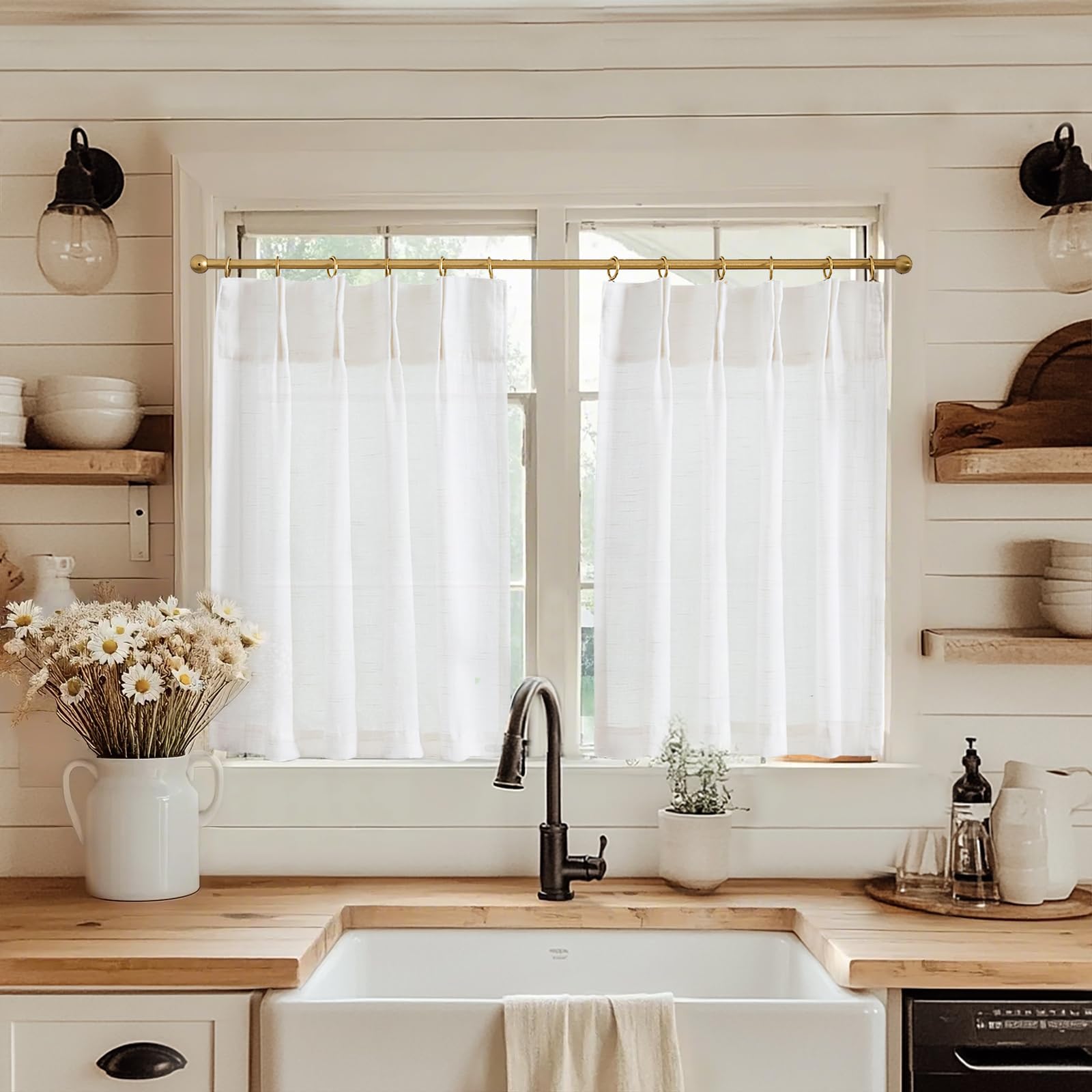 jinchan Linen Pinch Pleated Kitchen Curtains 24 Inch 2 Panels, Natural Linen Tier Curtains Back Tab Beige Farmhouse Cafe, Light 