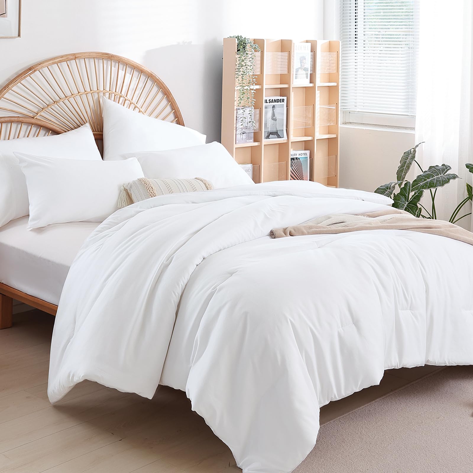 weigelia Queen Comforter Set White Comforter Boho Solid Color Bedding Comforter Set for All Season Soft Lightweight Microfiber 3