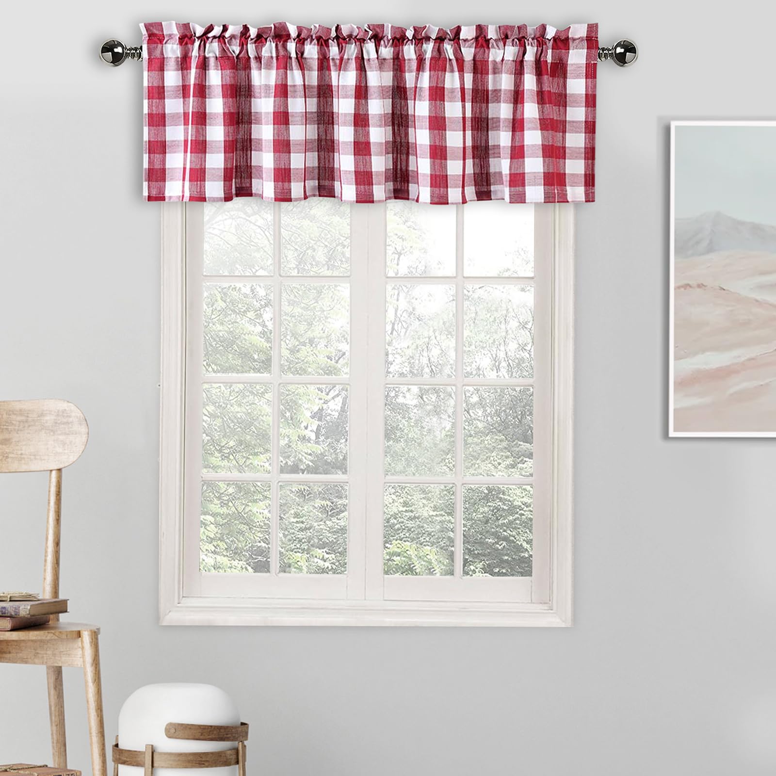 Amzdecor Buffalo Plaid Valance Farmhouse Kitchen Curtain Red White Linen Sheer Check Rod Pocket Rustic Window Treatment for Livi