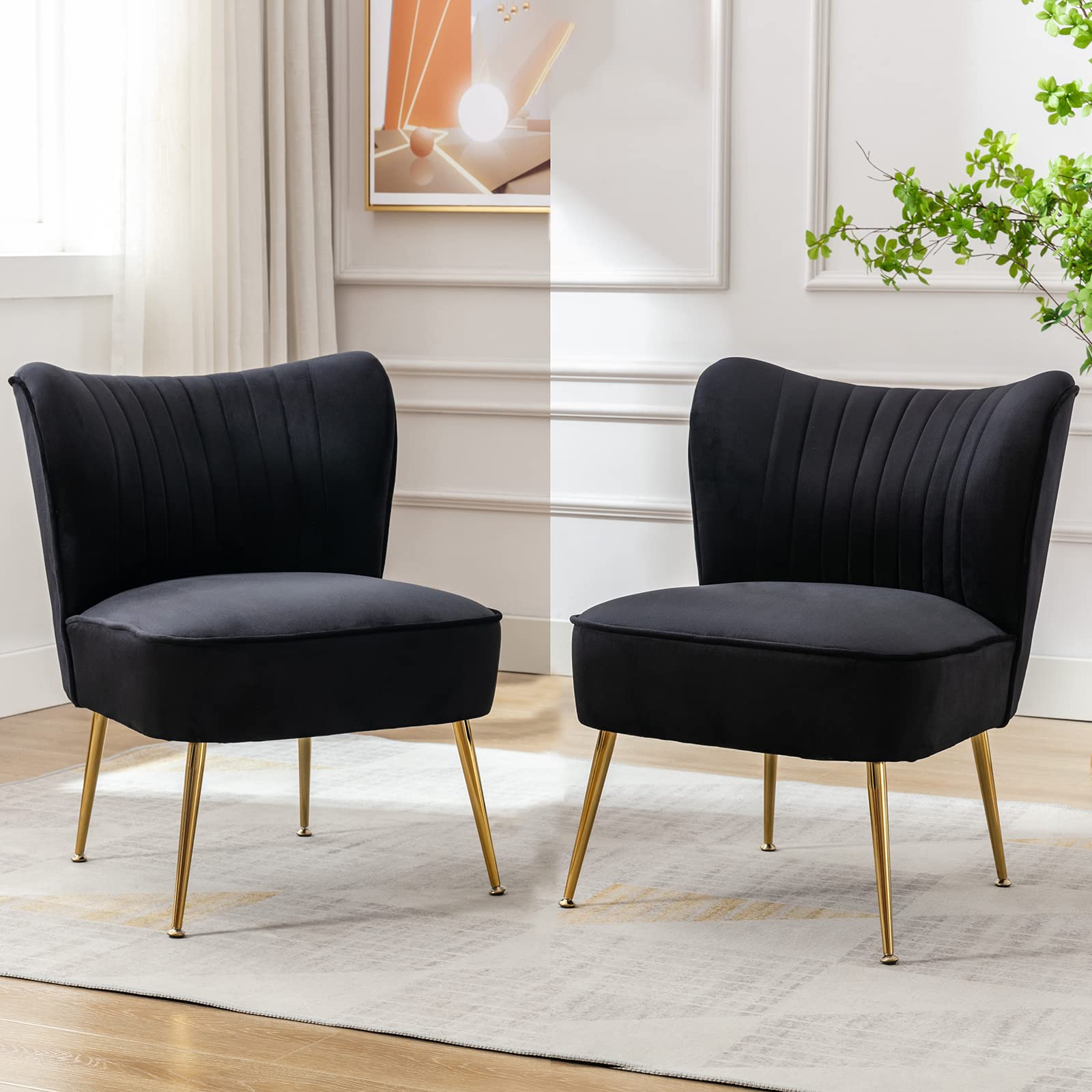 DUOMAY Modern Accent Chair Set of 2 Velvet Slipper Chair with Gold Legs Wingback Side Chair for Living Room Bedroom Entryway Sma