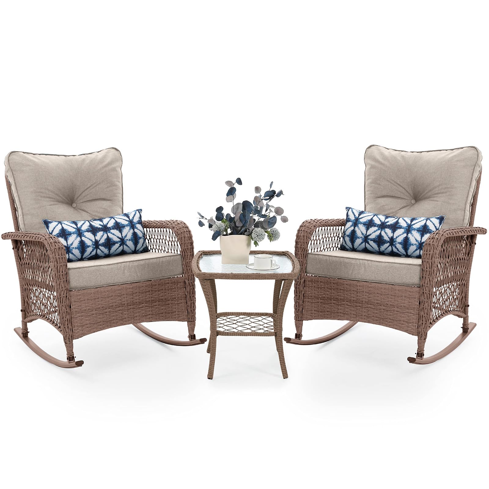 UDPATIO 3 Piece Patio Furniture Set, Wicker Rocking Bistro Set with 2 Rockers, 1 Side Table and 4 Thick Cushions for Backyard, P