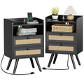 SUPERJARE 2 Drawer Night Stand with Charger Station, Boho Rattan Nightstand Set of 2, 25.2 Inch Tall Bed Side Table with Solid W