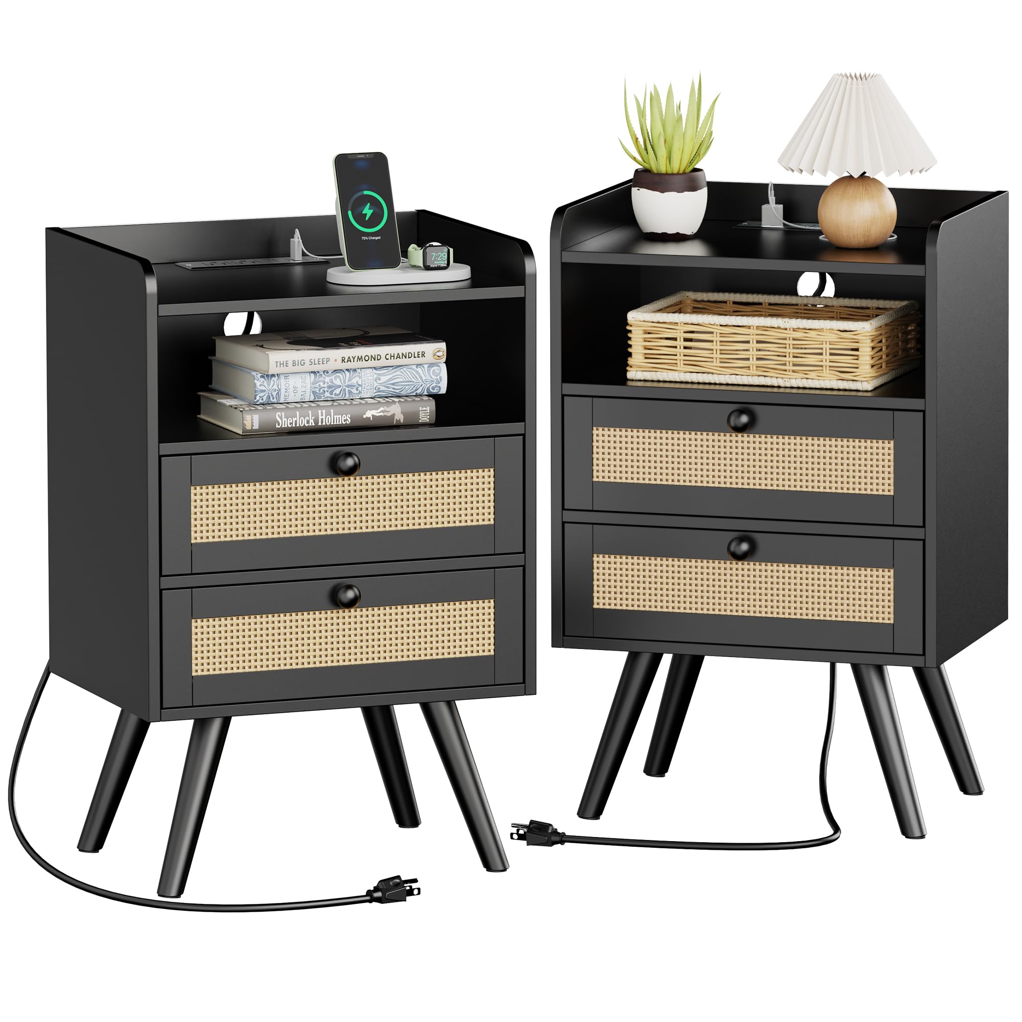 SUPERJARE 2 Drawer Night Stand with Charger Station, Boho Rattan Nightstand Set of 2, 25.2 Inch Tall Bed Side Table with Solid W