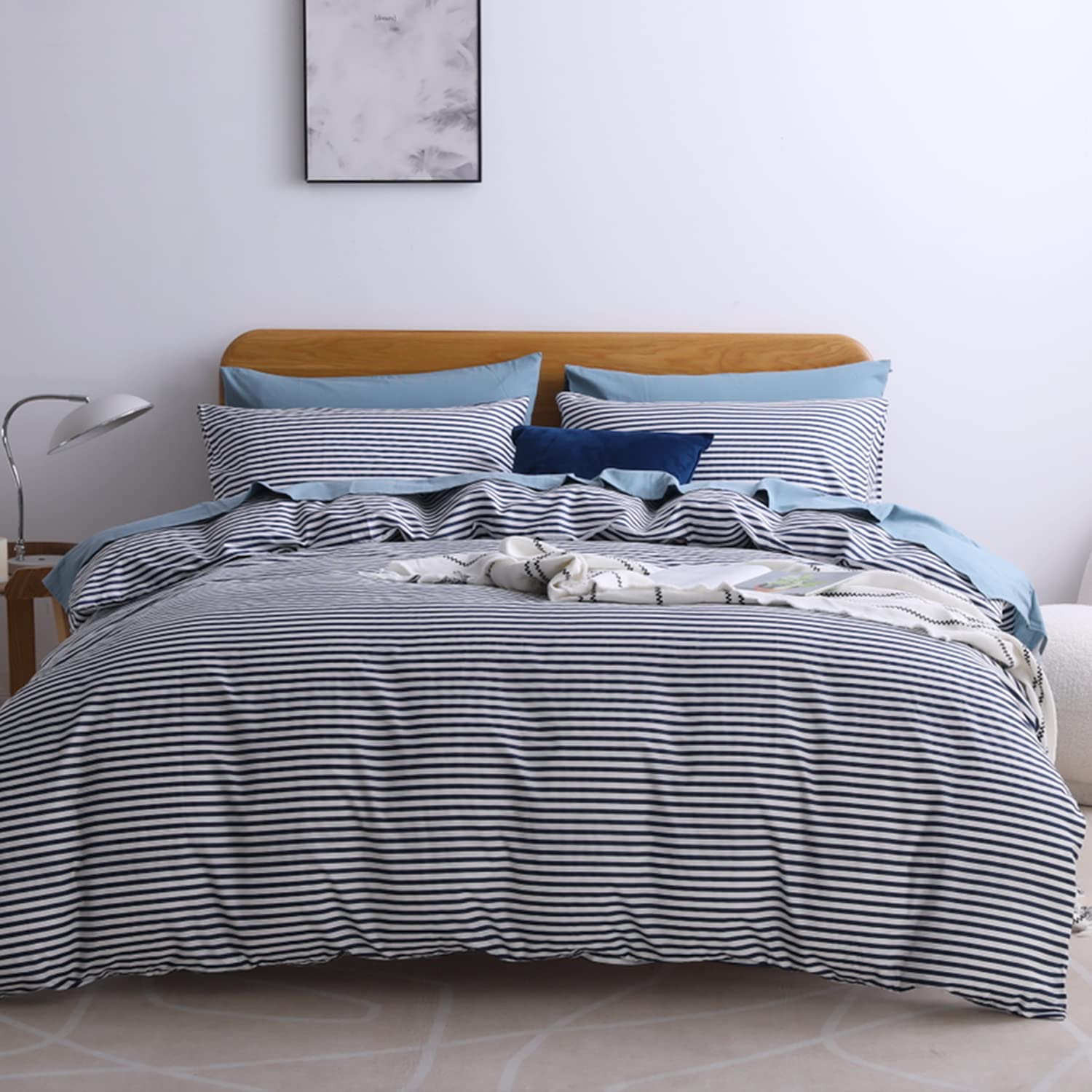 JELLYMONI 100% Natural Cotton 3pcs Striped Duvet Cover Sets,White with Navy Blue Stripes Pattern Printed Comforter Cover,with Zi