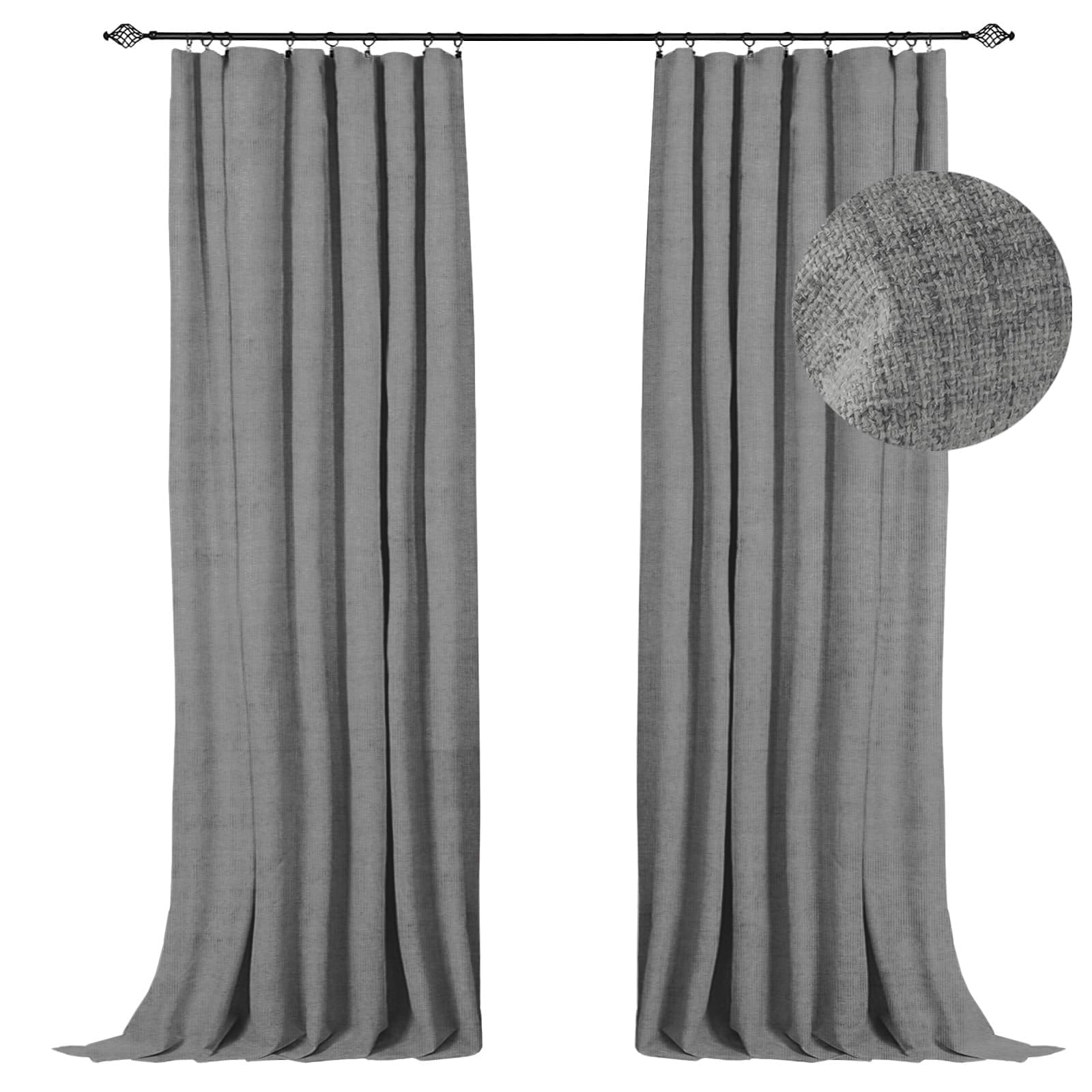 100% Blackout Shield Linen Blackout Curtains 96 Inches Long 2 Panels Set, Clip Rings/Rod Pocket Blackout Curtains, Black Out Cur