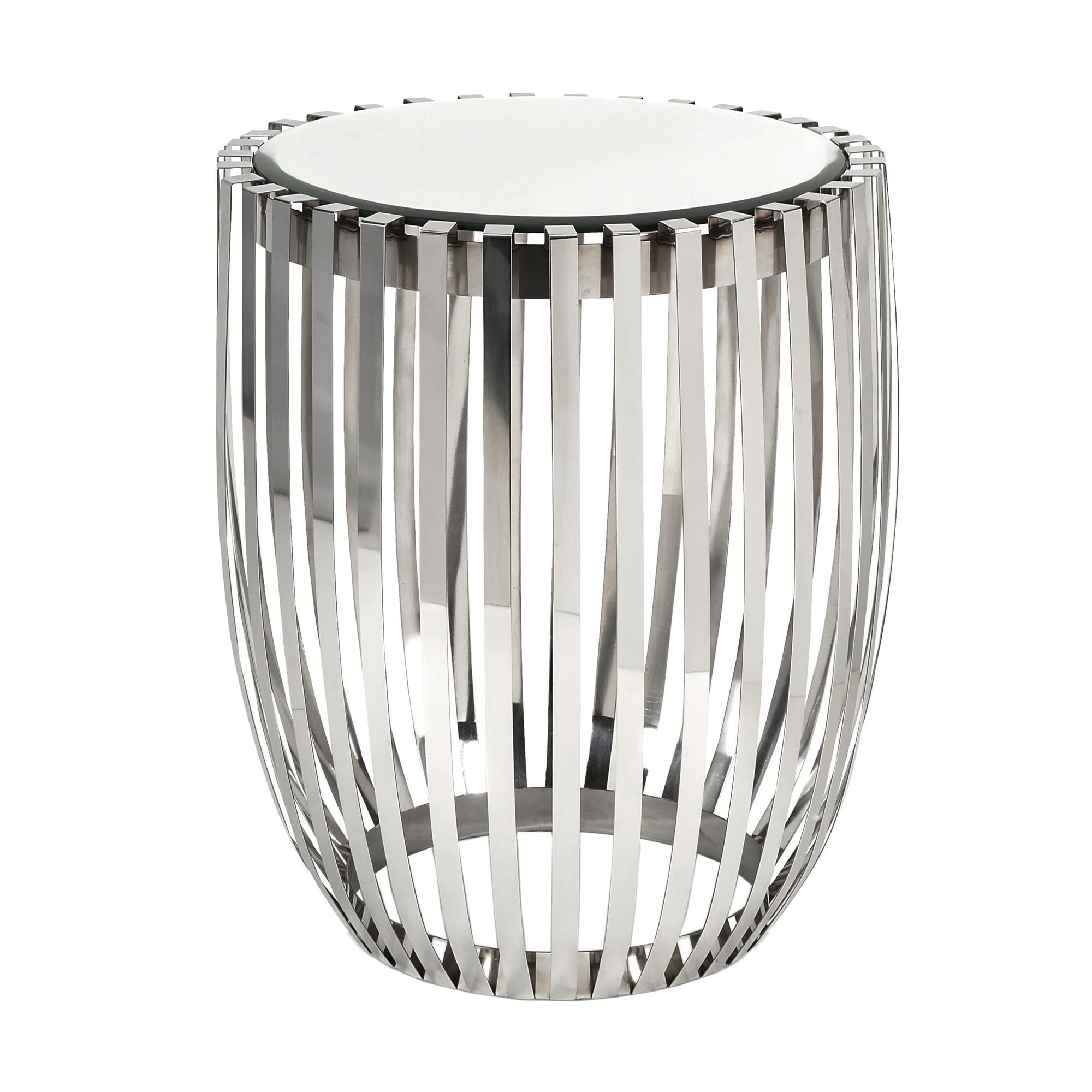 Benjara 23 Inch Accent Side Table, Polished Steel Ribs, Drum, Mirrored Top, Silver