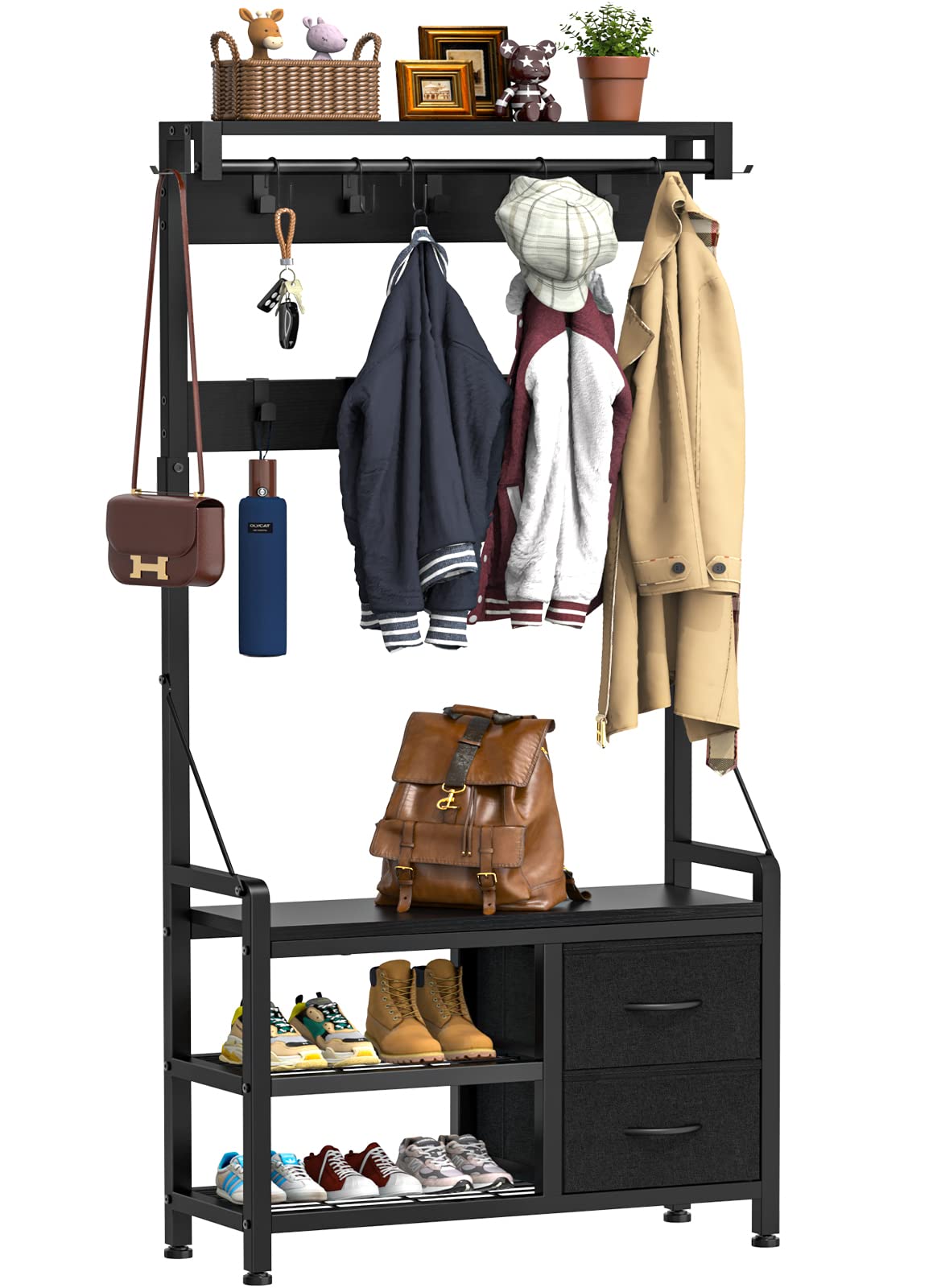 Lulive Hall Tree, 31    Entryway Bench with Coat Rack freestanding, 5 In 1 Intelligent Design Shoe Bench and Wall Rack 17 Hooks 