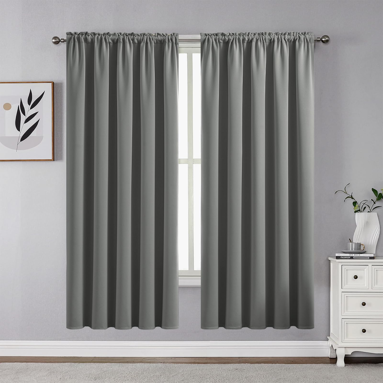CUCRAF Light Grey Blackout Curtains 63 inch Length 2 Panels Set, Rod Pocket Room Darkening Drapes for Bedroom Living Room, Insul