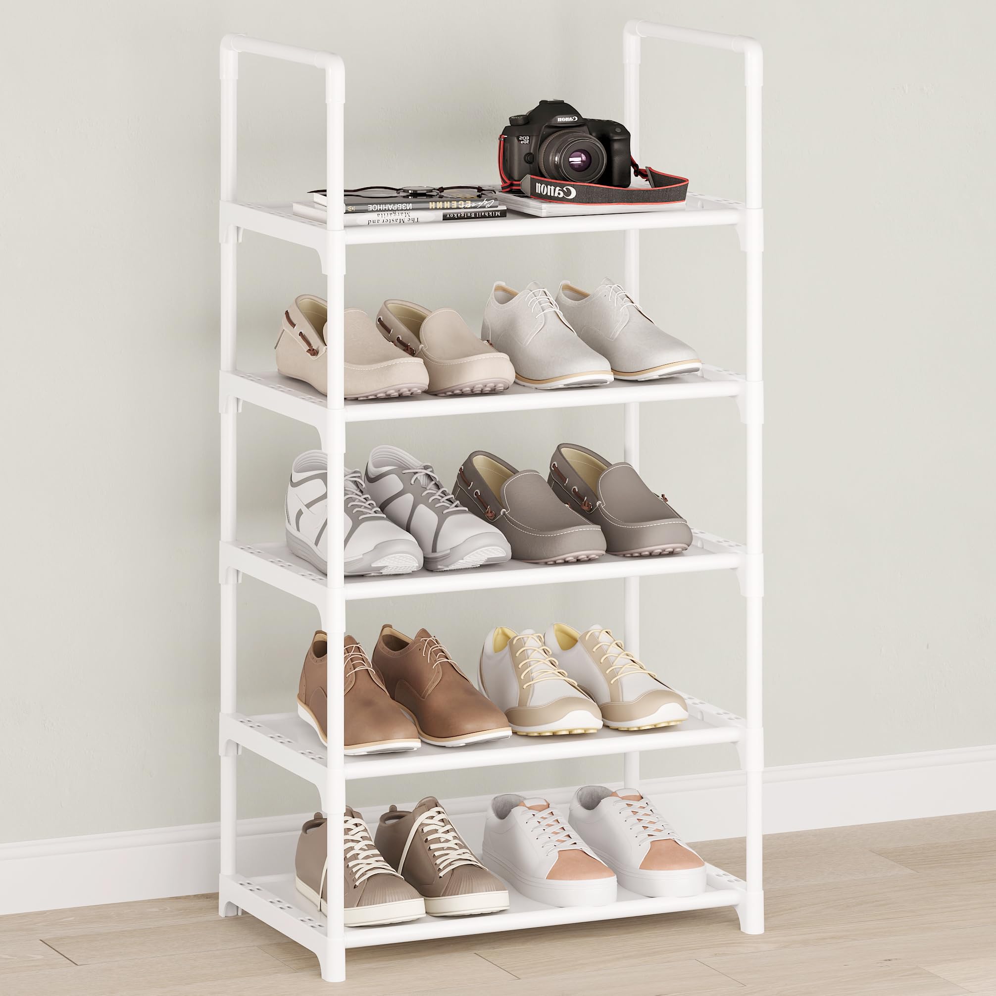 Hockmez 5-Tier Small Shoe Rack,Stackable Shoe Shelf Storage Organizer for Entryway Hallway Closet Bathroom Living Room(White-5Ti