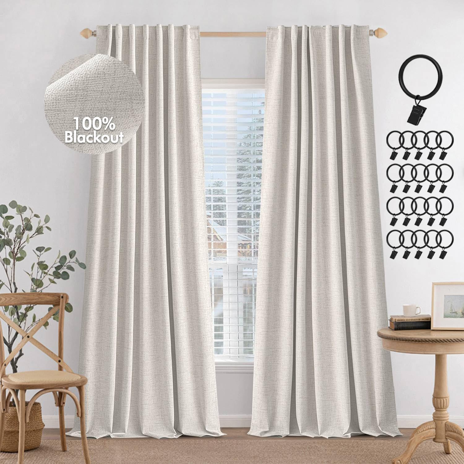 MIULEE 100% Blackout Curtains 90 inches Long Linen Curtains & Drapes for Bedroom Back Tab Living Room Darkening Full Black Out W