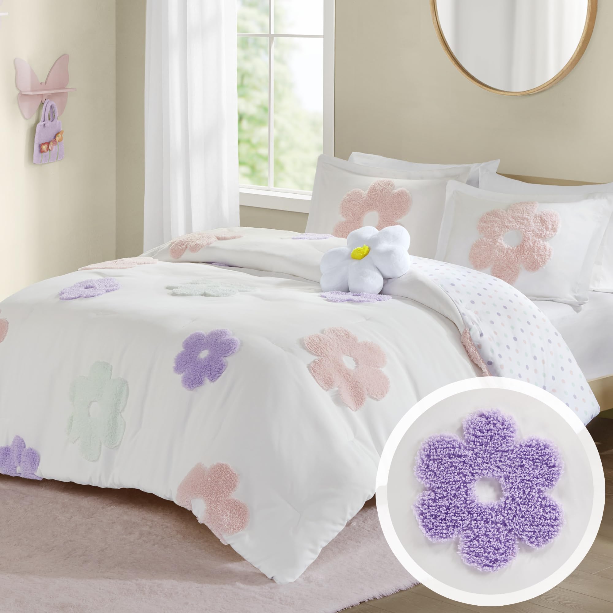 Urban Habitat Kids Twin Comforter Set for Girls, Tufted Chenille Floral Comforter Set Twin, Lightweight Polka Dot Comforter Reve