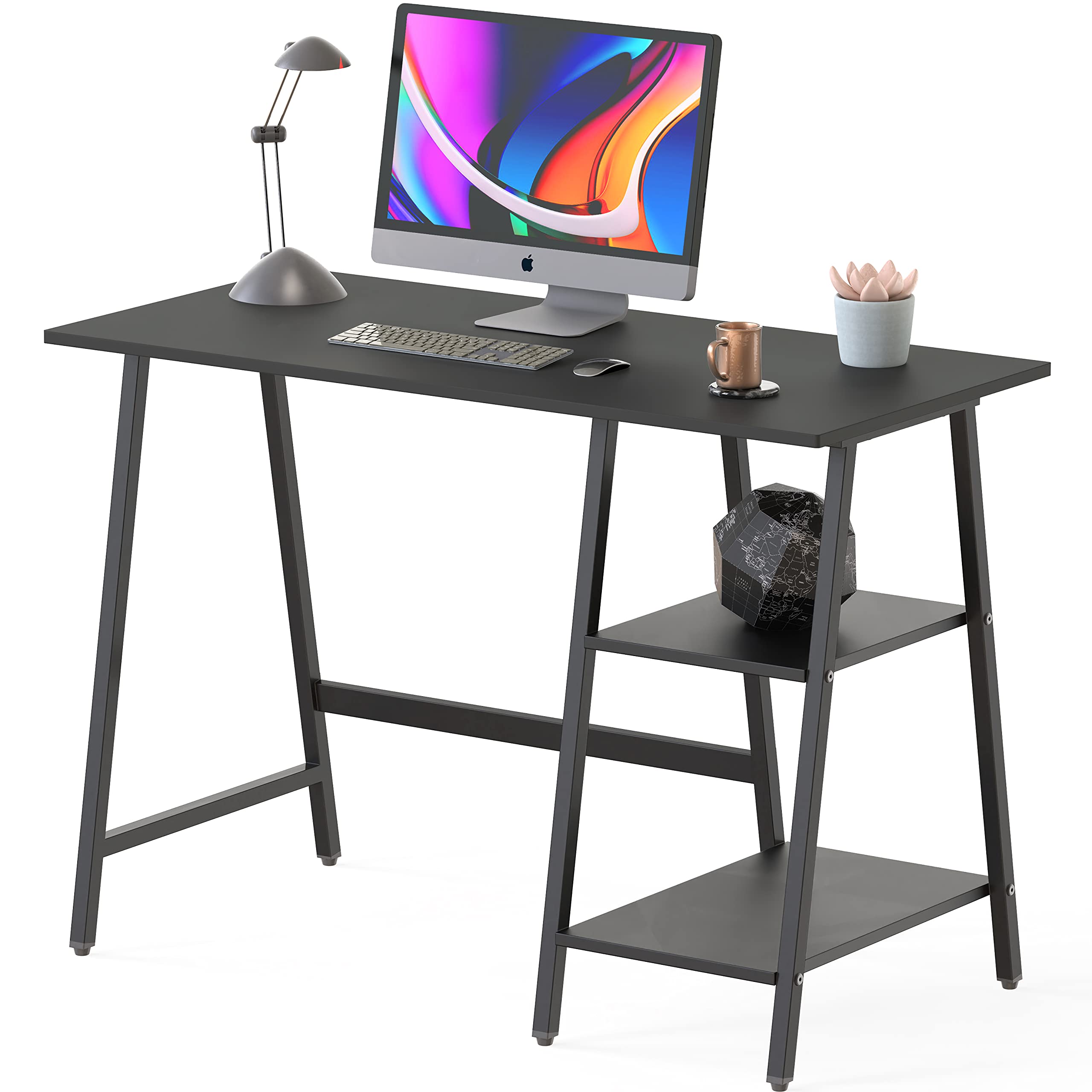SHW 43-Inch Home Office Trestle Computer Desk with Open Storage Shelves, Black