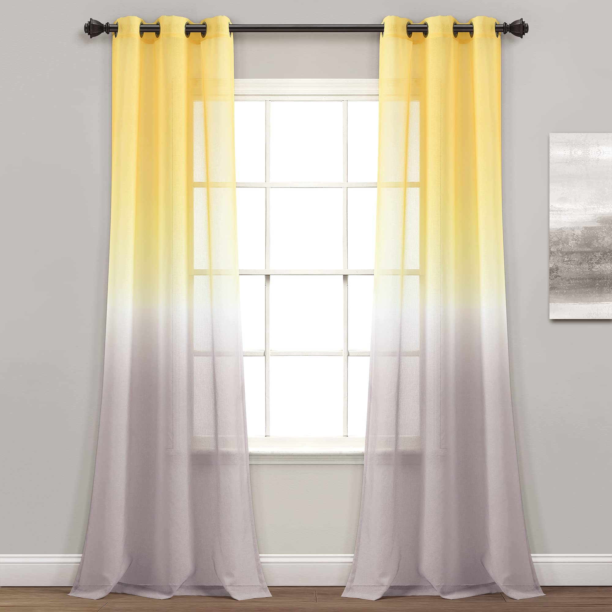 Lush Decor Umbre Fiesta Sheer Window Curtain Panel Pair, 84 Long x 38 Wide, Yellow & Gray