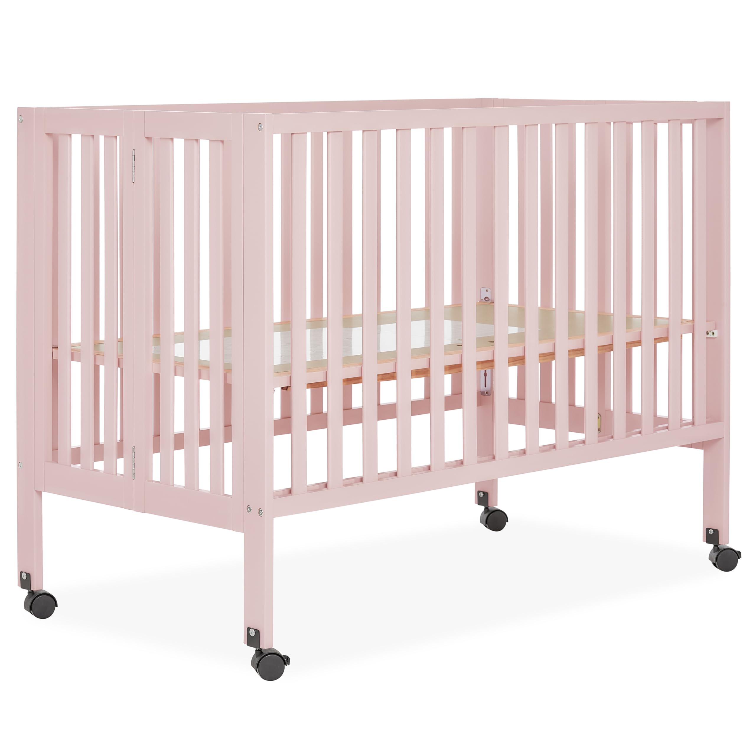 Dream On Me Quinn Full-Size Folding Crib in Blush Pink, Removeable Wheels, Modern Nursey, Adjustable Mattress Support, Portable 