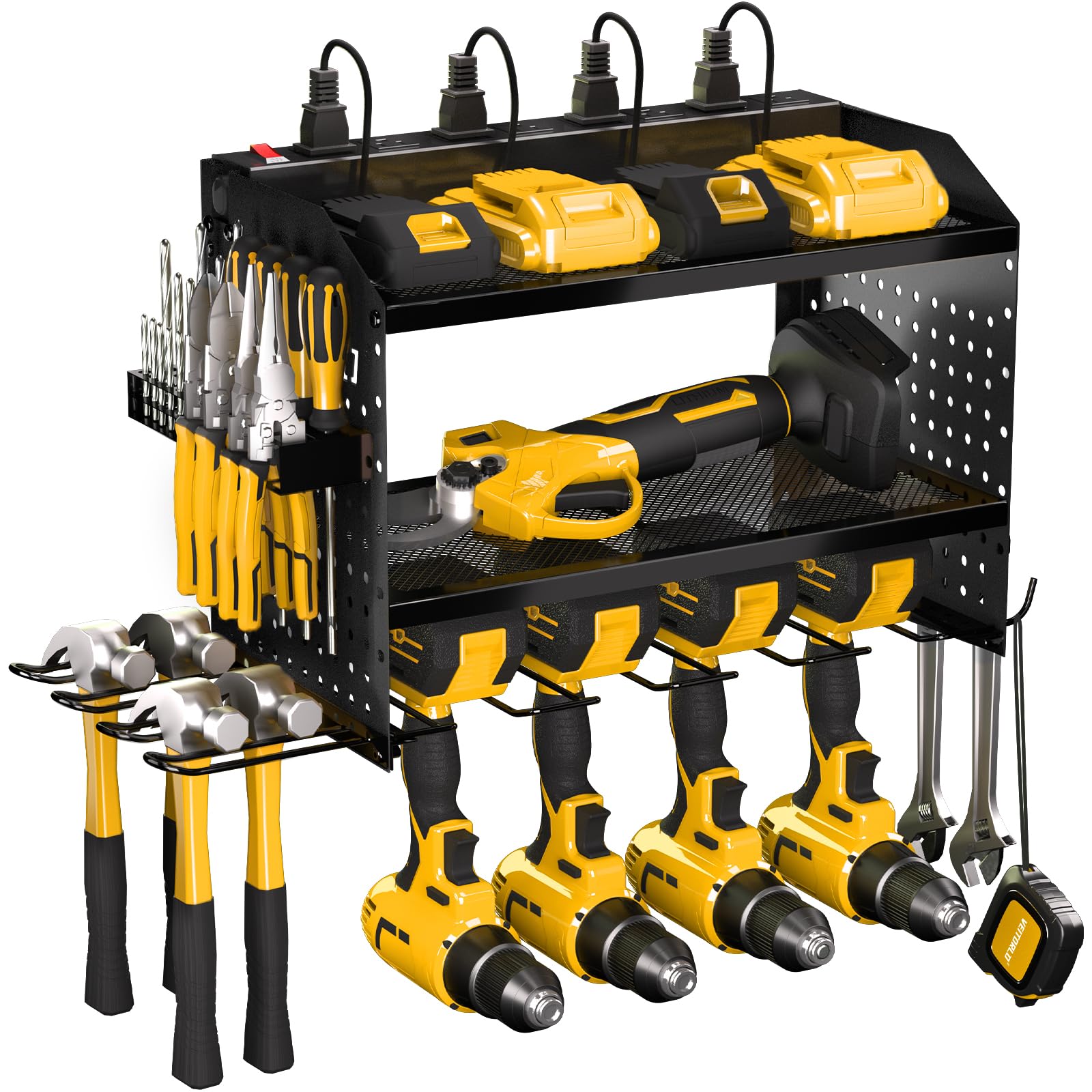 Veitorld Power Tool Organizer Wall Mount with Charging Station, 4 Drill Holder Heavy Duty Cordless Tool Storage Rack, Metal Gara