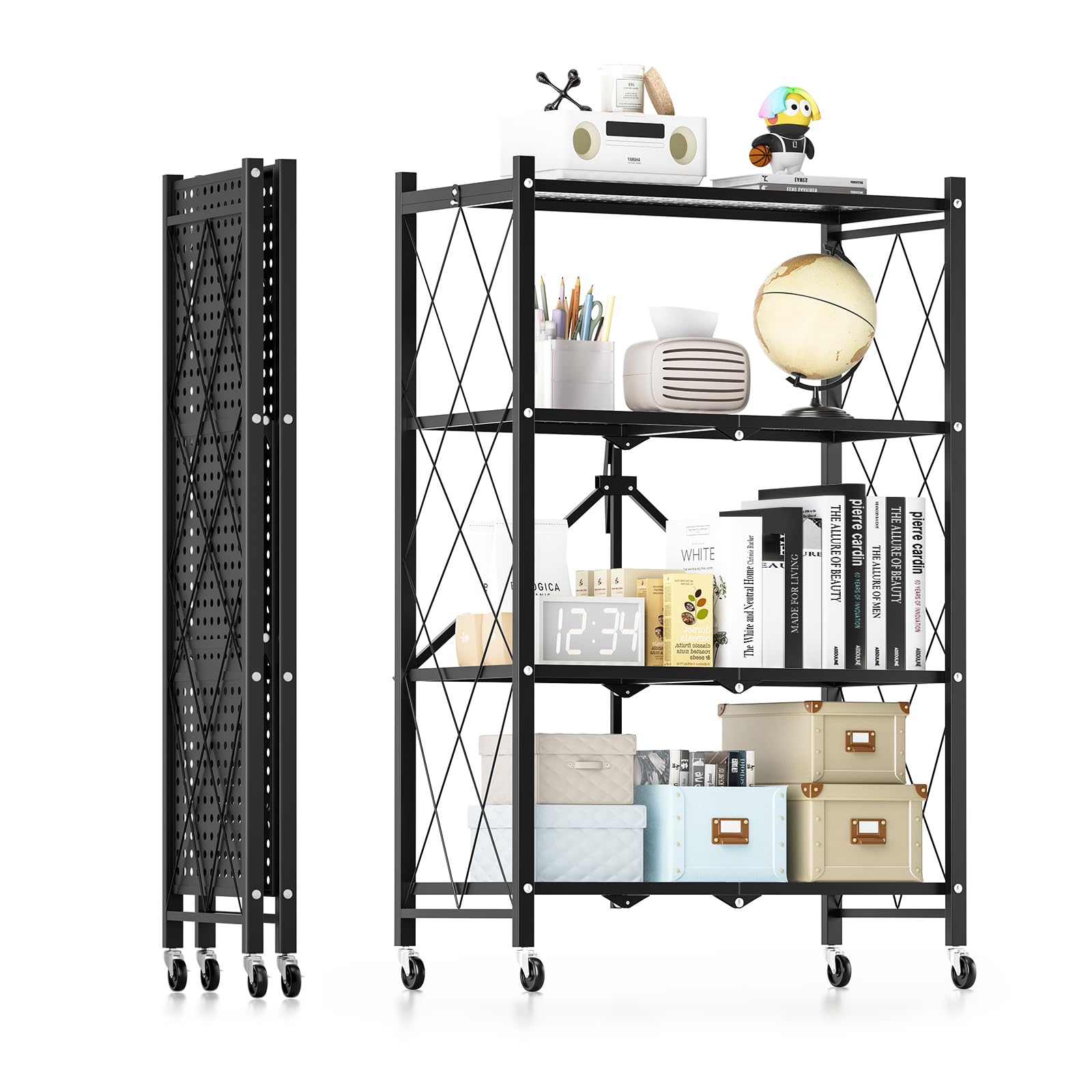 HealSmart Heavy Duty 4-Tier Foldable Metal Rack, 14.96 D x 27.95 W x 49.61 H Storage Shelving Unit 1000 lbs with Wheels Moving E