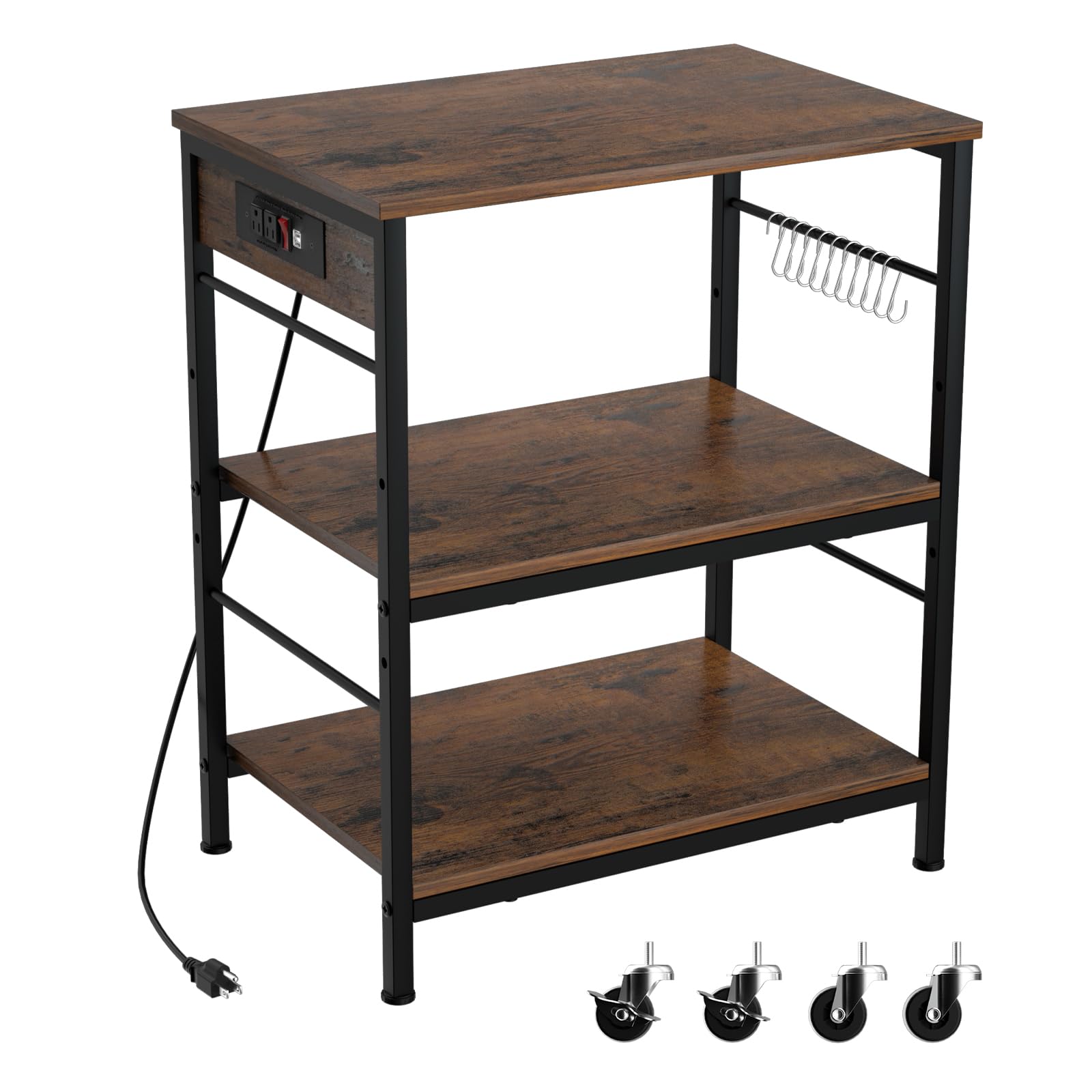 Bakers Rack with Power Outlet Kitchen Microwave Stand Cart 3 Tier Coffee Bar Table Kitchen Storage Shelf Rack with 10 S-Shaped H