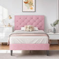 HOMBCK Twin Size Bed Frame, Linen Fabric Upholstered Twin Bed Frames with Headboard, Pink Twin Bed Frame with Wood Slats, Button