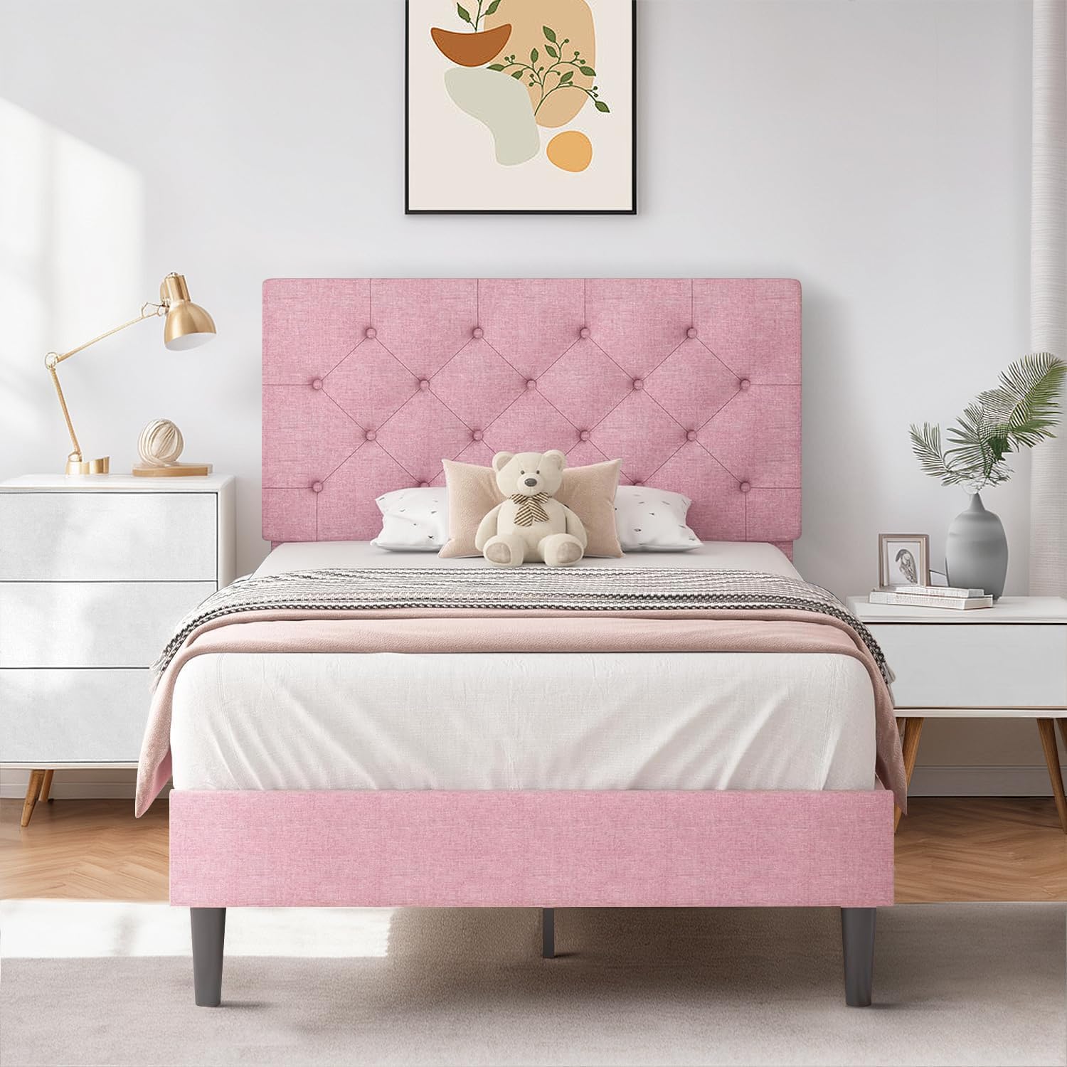 HOMBCK Twin Size Bed Frame, Linen Fabric Upholstered Twin Bed Frames with Headboard, Pink Twin Bed Frame with Wood Slats, Button