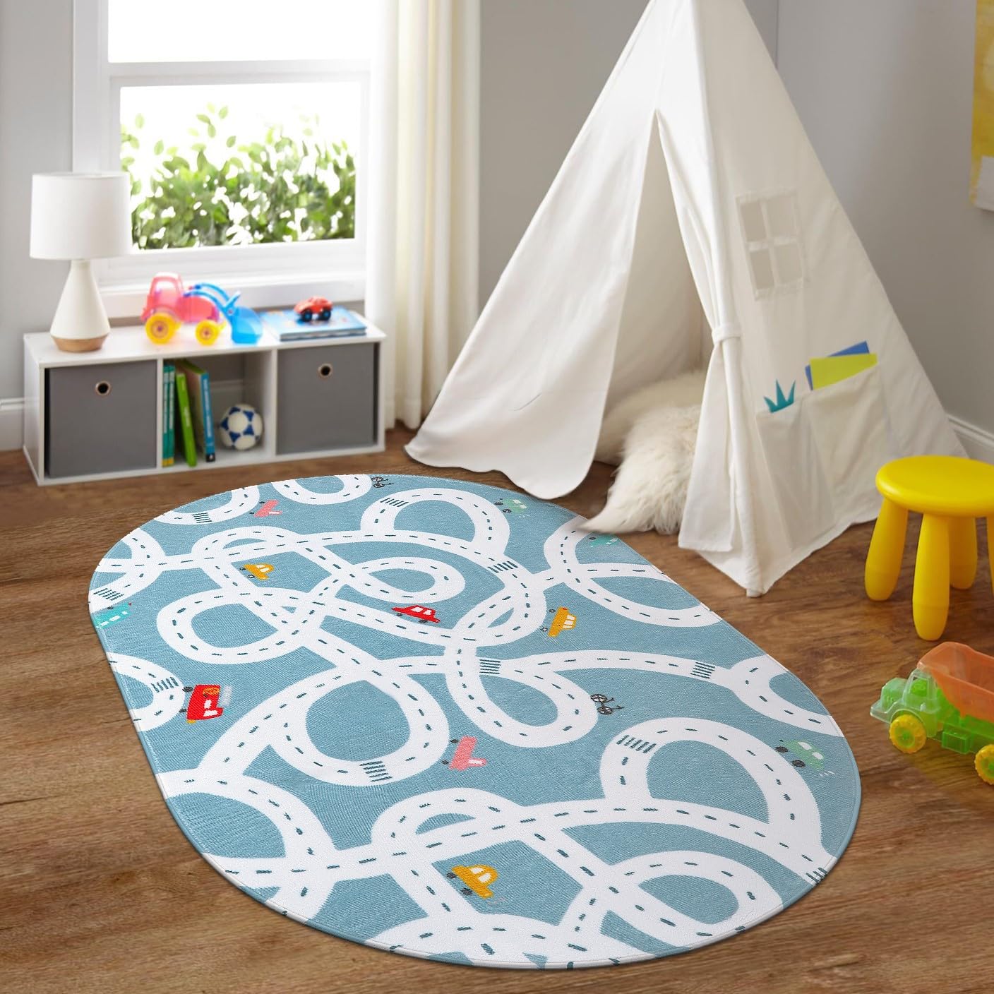 LIVEBOX Large Washable Kids Rug, 4x6 Non-Slip Car Road Rug for Playroom, Fun Kids Room Rugs for Bedroom, Blue Road Carpet Indo