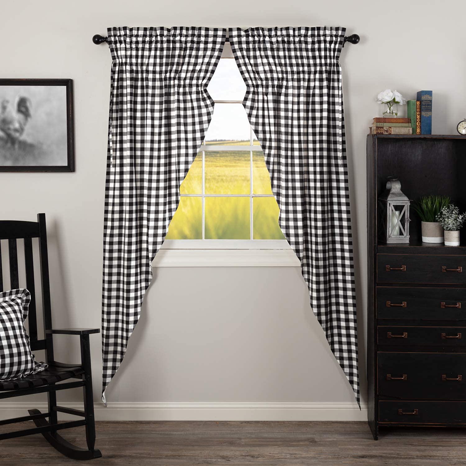 VHC Brands Farmhouse Black Country Buffalo Check Cotton Annie Curtains Rod Pocket Drawstring Ties Prairie Panel Pair
