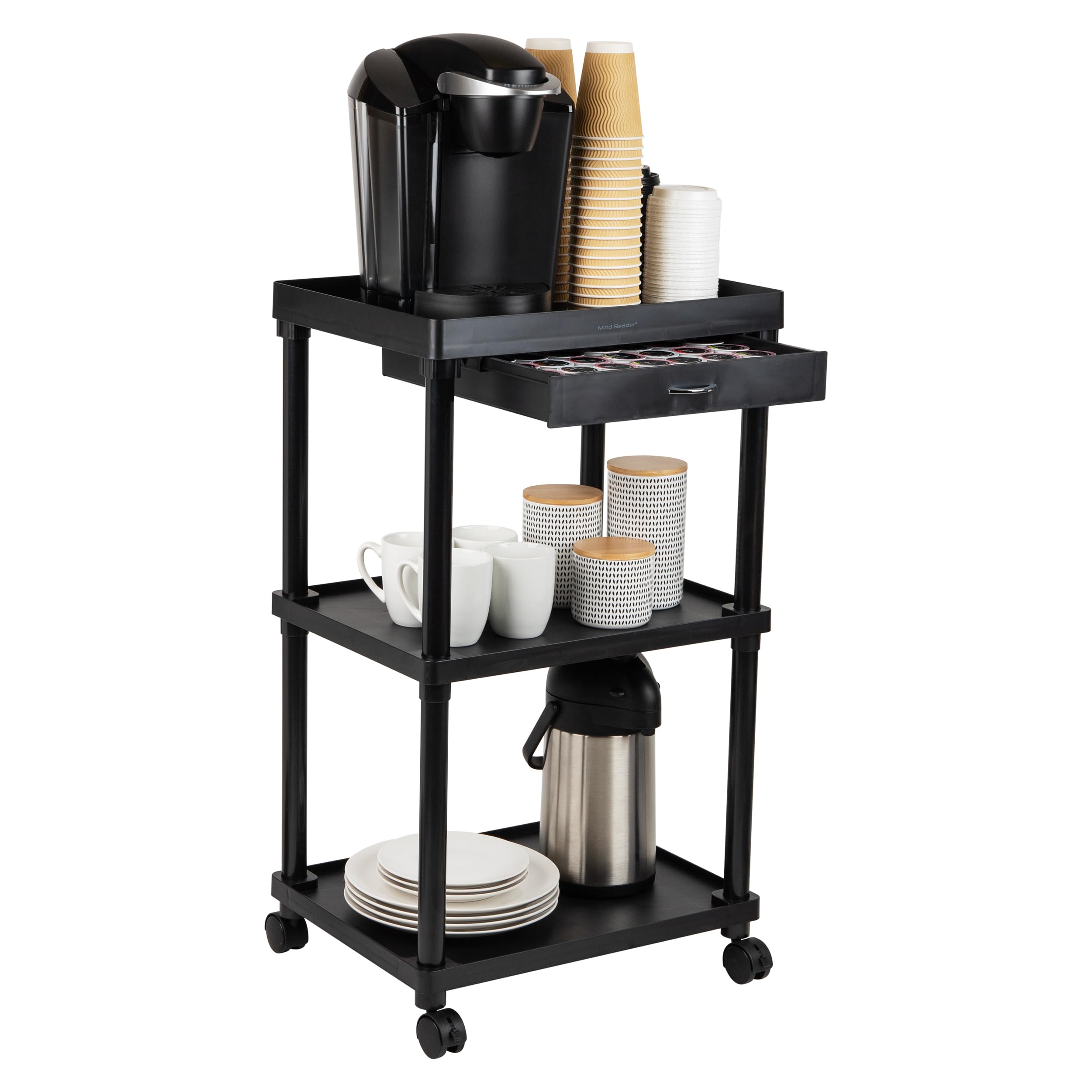 Mind Reader Bar Cart, Rolling, Utility Cart, 3-Tier, Coffee Cart, Bathroom, Kitchen, Plastic, 20L x 15W x 34.5H, Black