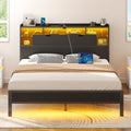 Rolanstar Full Size Bed Frame with Headboard, LED Bed with Bookcase Storage and Charging Station, Metal Platform Bed with Glass 